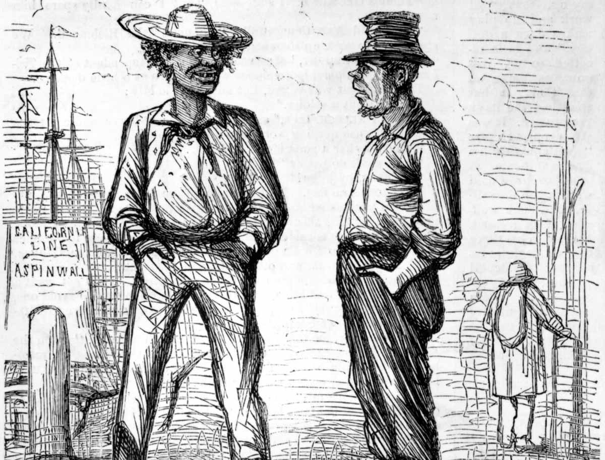 In this cartoon from <em>Vanity Fair,</em> an Irish longshoreman told a Black worker seeking employment on New York’s waterfront: “Well, ye may be a man and a brother, sure enough; but it’s little hospitality ye’ll get out of yer relations on this dock, me ould buck!” The sharp competition for unskilled jobs contributed to the New York draft riot of 1863.