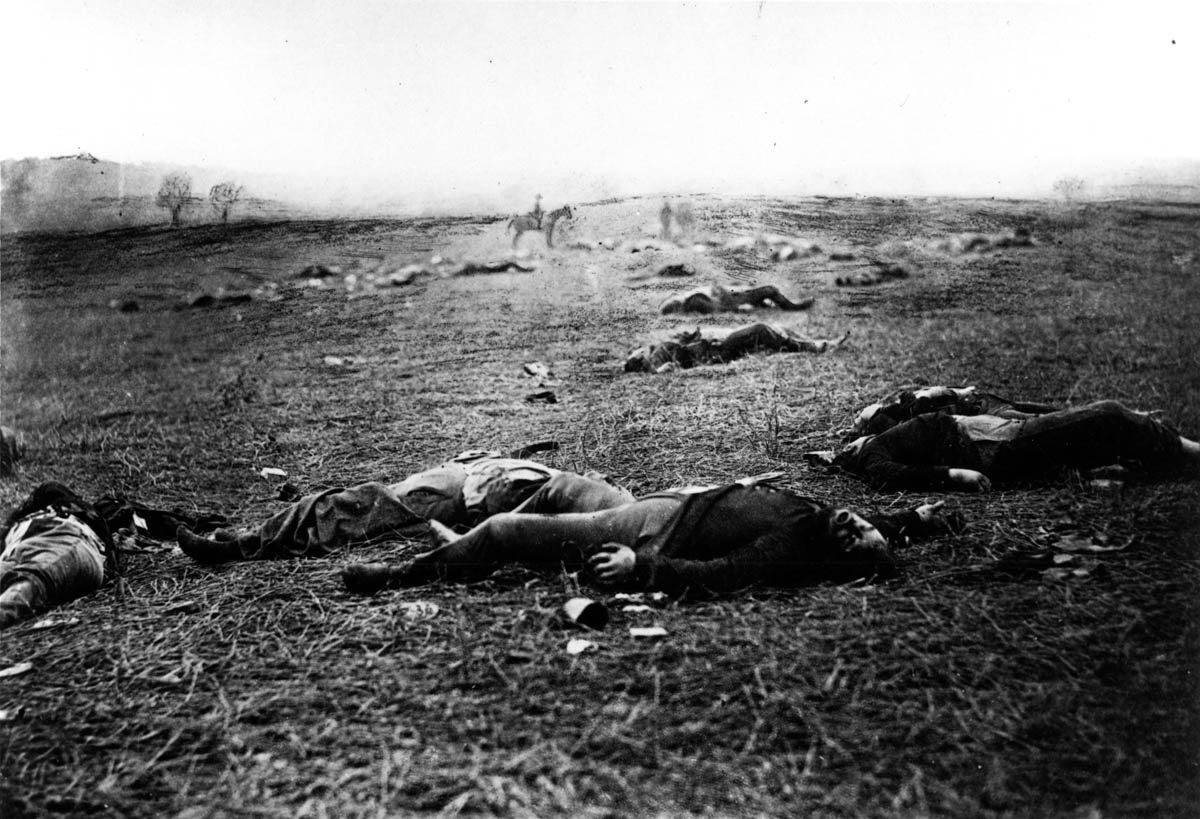 Photographers covered the war, following the Union Army in wagons that served as traveling darkrooms. Their equipment was bulky, and the exposures had to be long, so they could not take photographs during battle. But photography was graphic; this picture taken on the morning of July 4 showed the northern public that dying in battle lacked the gallantry that was often represented in paintings and prints.