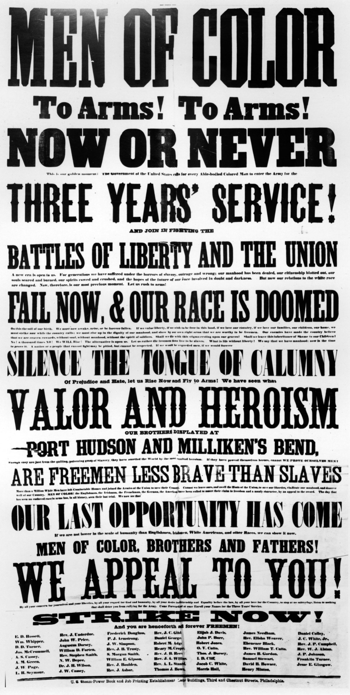 This recruiting poster was directed to free African Americans in Pennsylvania, 1863.