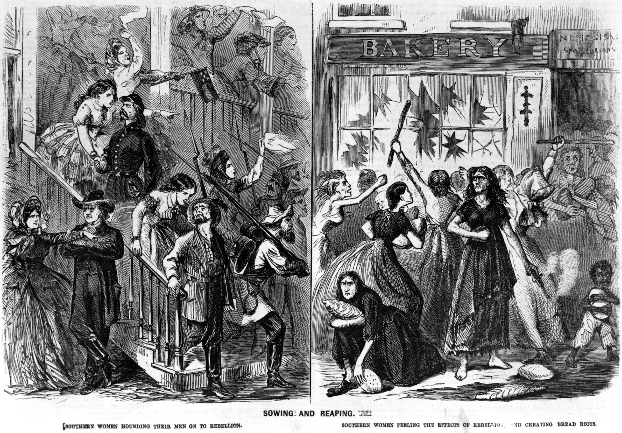 The northern <em>Frank Leslie’s Illustrated Newspaper</em> presented an unflattering portrait of southern white womanhood in a May 1863 illustration. The depiction contrasted sharply with the view that was promoted by plantation elites of virtuous southern white mothers and wives who obeyed and deferred to men.