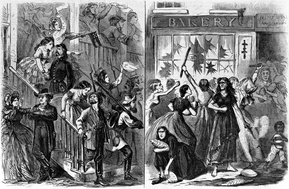 The northern <em>Frank Leslie’s Illustrated Newspaper</em> presented an unflattering portrait of southern white womanhood in a May 1863 illustration. The depiction contrasted sharply with the view that was promoted by plantation elites of virtuous southern white mothers and wives who obeyed and deferred to men.