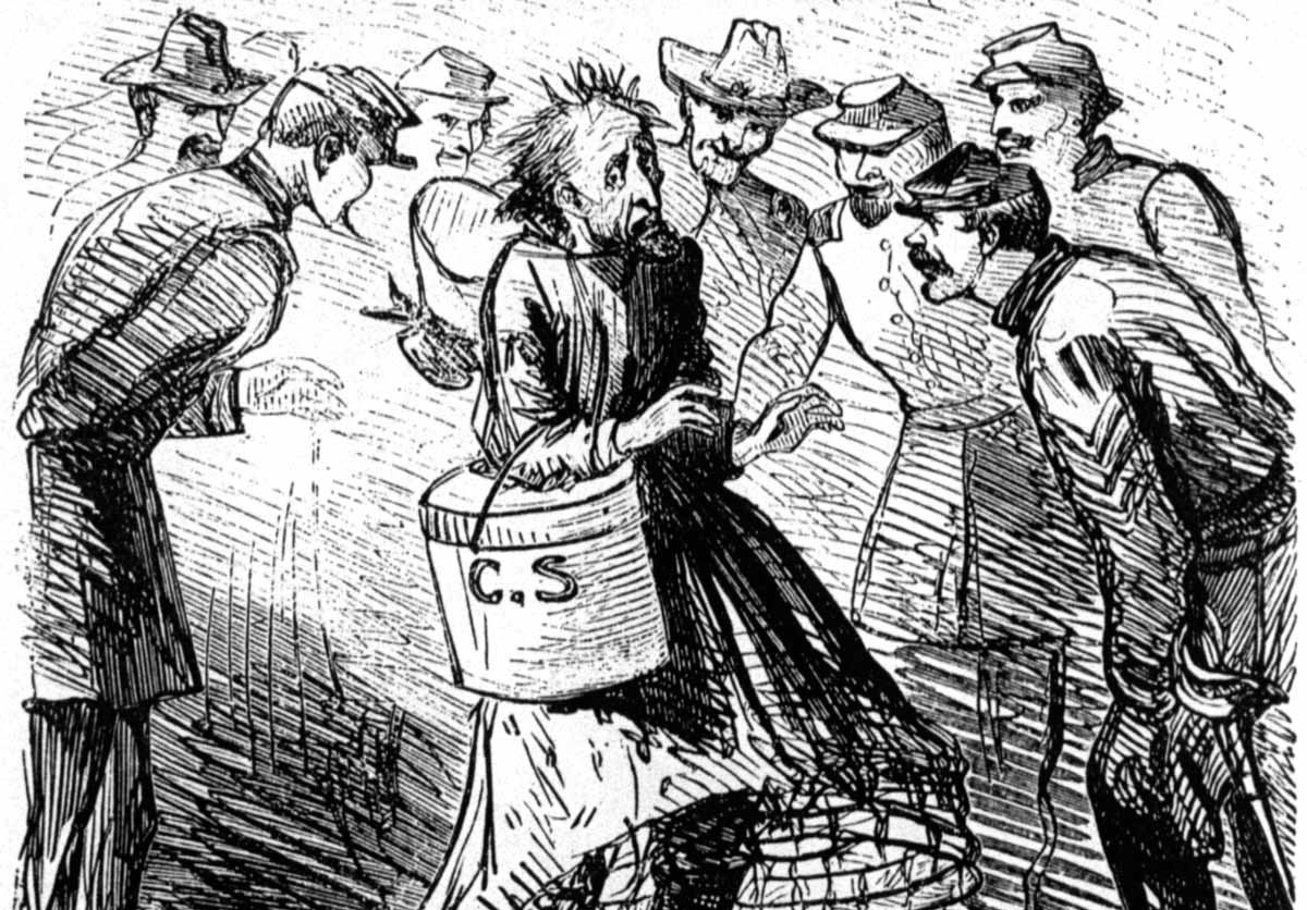 Union troops captured the former president of the Confederacy in May 1865. Whether Davis, who had eluded arrest for more than a month, was actually wearing his wife’s dress when he was caught is open to question. Nonetheless, the depiction of the captured Davis in woman’s clothes was featured in many illustrations and cartoons in the northern press. These images, like earlier pictures of southern women sending their men to war and rioting, questioned the South’s claims of courage and chivalry by showing its men and women reversing traditional sex roles.