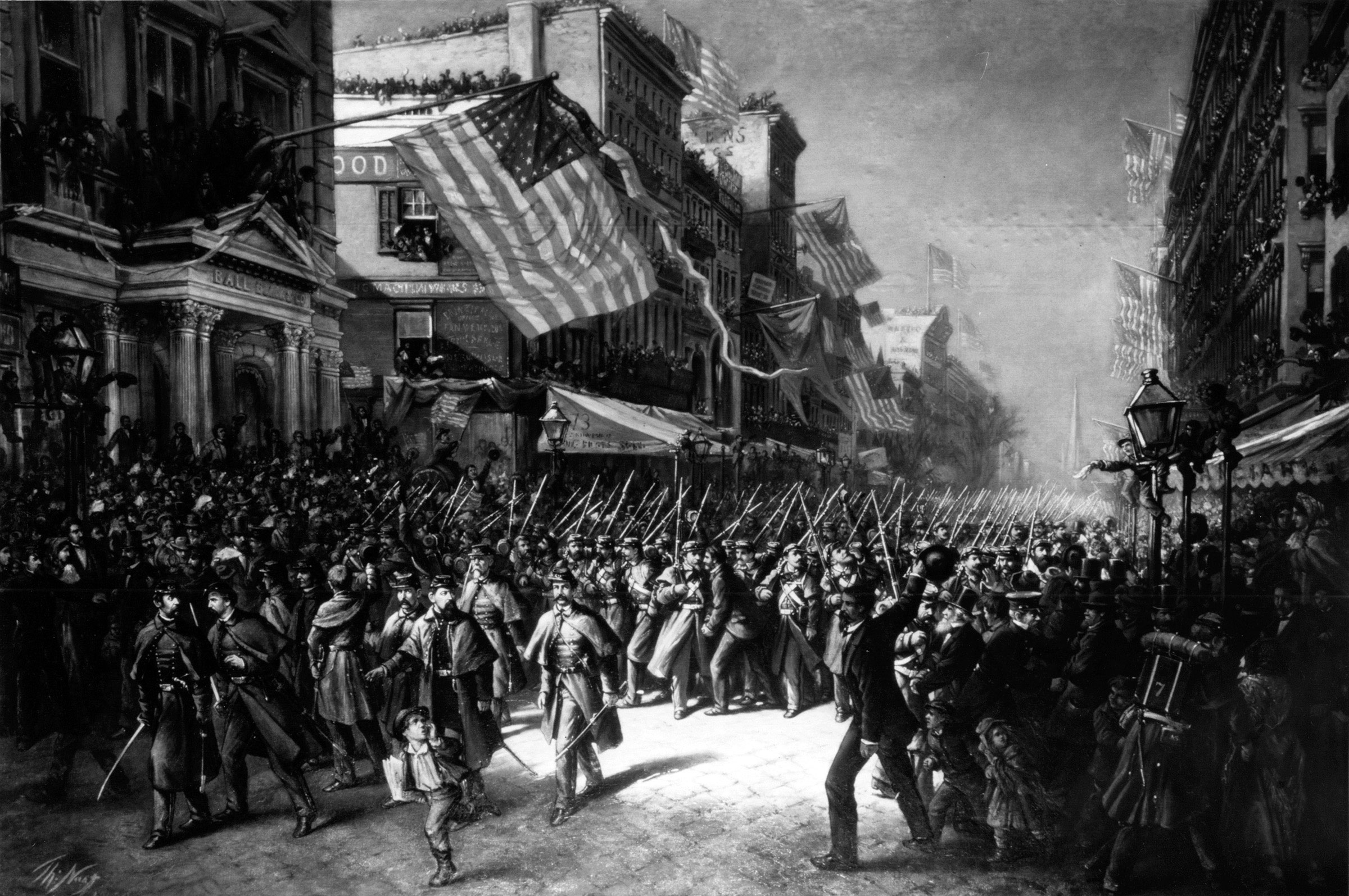 Newspaper artist Thomas Nast sketched the tumultuous send-off of New York’s national guard regiment on April 19, 1861. Eight years later, Nast completed this oil painting of the scene.