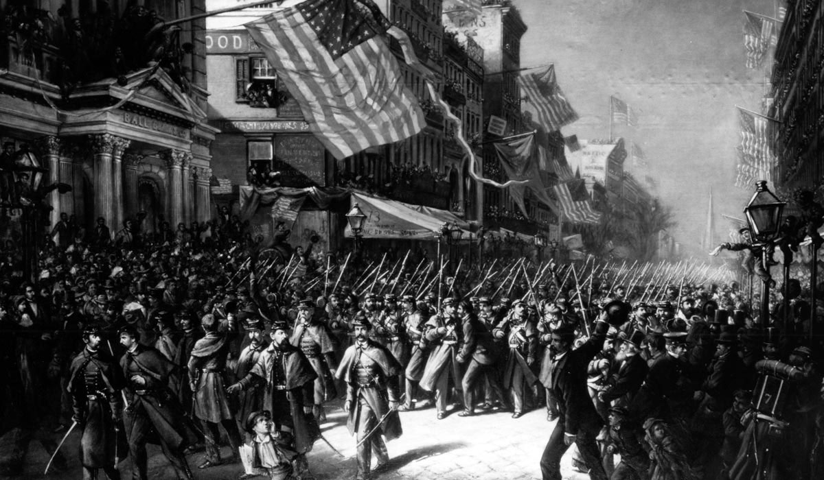 Newspaper artist Thomas Nast sketched the tumultuous send-off of New York’s national guard regiment on April 19, 1861. Eight years later, Nast completed this oil painting of the scene.