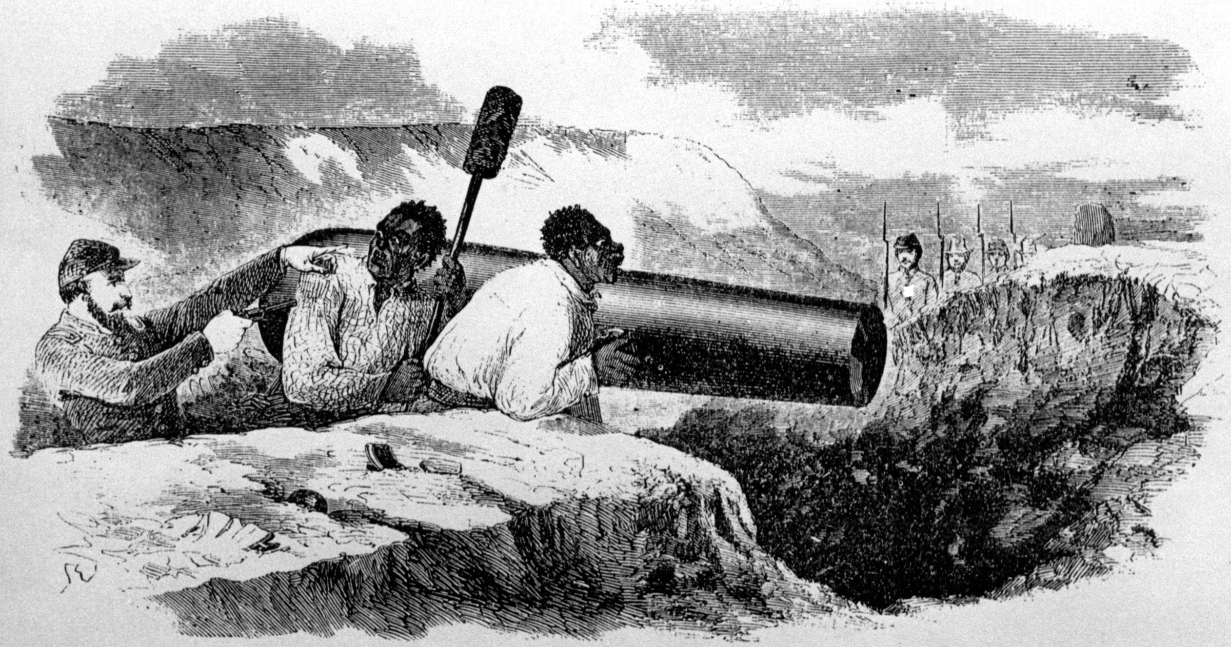 An illustration in a May 1862 issue of<em> Harper’s Weekly</em> depicted one way in which the institution of slavery contributed to the Confederacy’s war effort. According to the caption, the northern newspaper artist observed this “struggle between two Negroes and a rebel captain” through a telescope. The captain “insisted upon their loading a cannon within range of [Union] Sharpshooters. . . . [He] succeeded in forcing the Negroes to expose themselves, and they were shot, one after the other.”