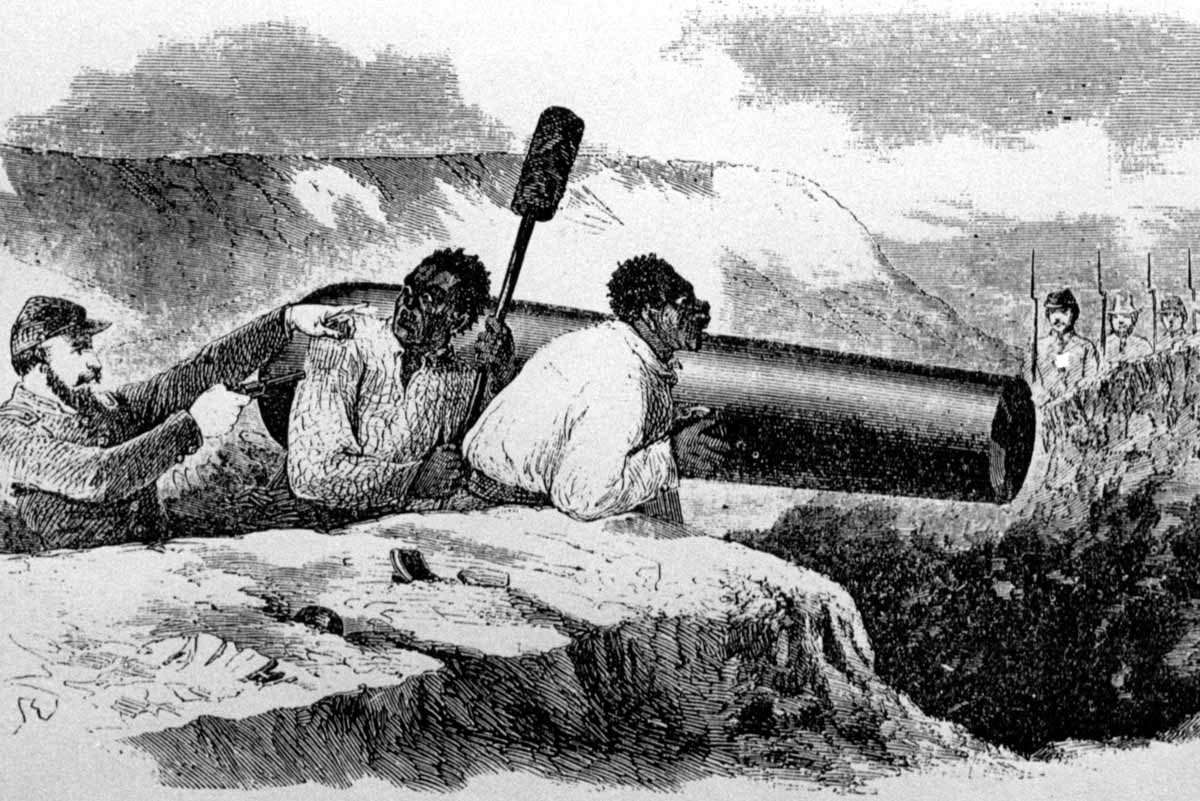 An illustration in a May 1862 issue of<em> Harper’s Weekly</em> depicted one way in which the institution of slavery contributed to the Confederacy’s war effort. According to the caption, the northern newspaper artist observed this “struggle between two Negroes and a rebel captain” through a telescope. The captain “insisted upon their loading a cannon within range of [Union] Sharpshooters. . . . [He] succeeded in forcing the Negroes to expose themselves, and they were shot, one after the other.”