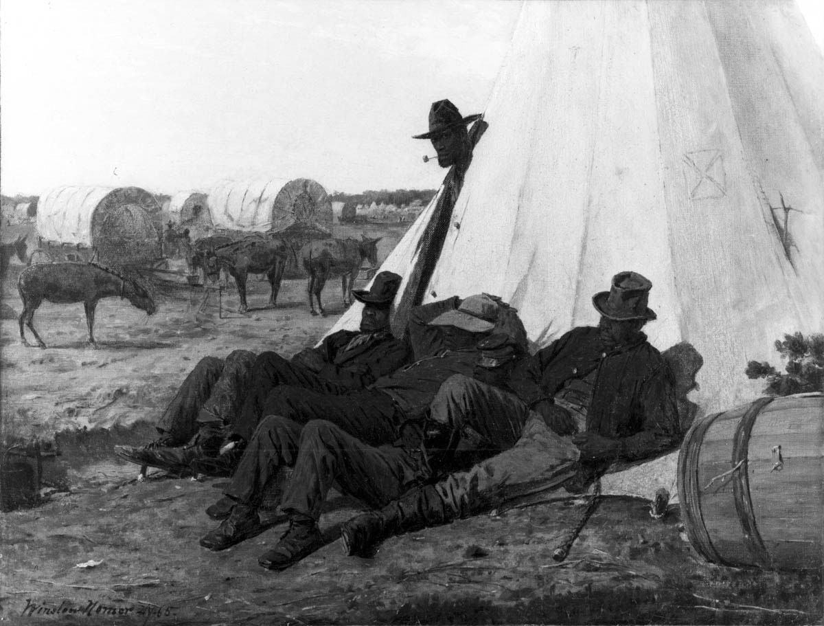 <em>Harper’s Weekly</em> “special artist” Winslow Homer’s 1865 painting, based on his wartime sketches, depicted Black teamsters relaxing in a Union campsite. While the teamsters were shown resting, the supply wagons and mules in the background reminded the viewer of the crucial role that African Americans played in supplying ammunition and food to northern forces and suggested that their relaxation was well earned.