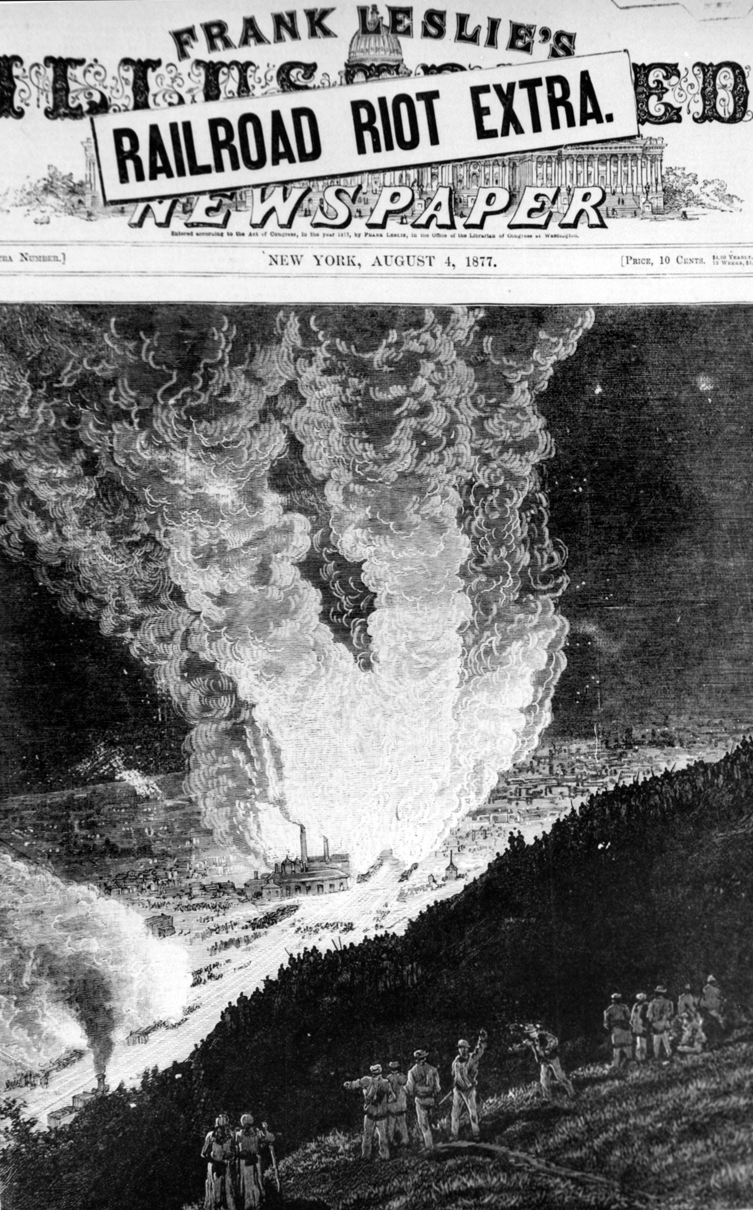 The burning Pennsylvania Railroad roundhouse illuminates the Pittsburgh nighttime sky on Saturday, July 21, 1877, as recorded by a local artist and disseminated by a leading illustrated newsweekly during the nationwide railroad strike.