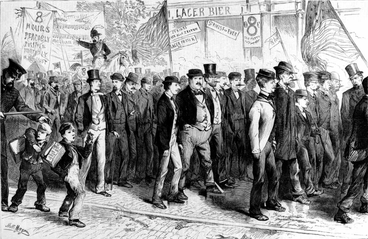 Workers demonstrate for the eight-hour day along New York’s Bowery in June, 1872. The production of cigars (much in evidence in this engraving), one of the city’s major industries, was undergoing rapid change in the 1870s as production moved from craftwork in small shops to manufacture in factories and tenement houses.