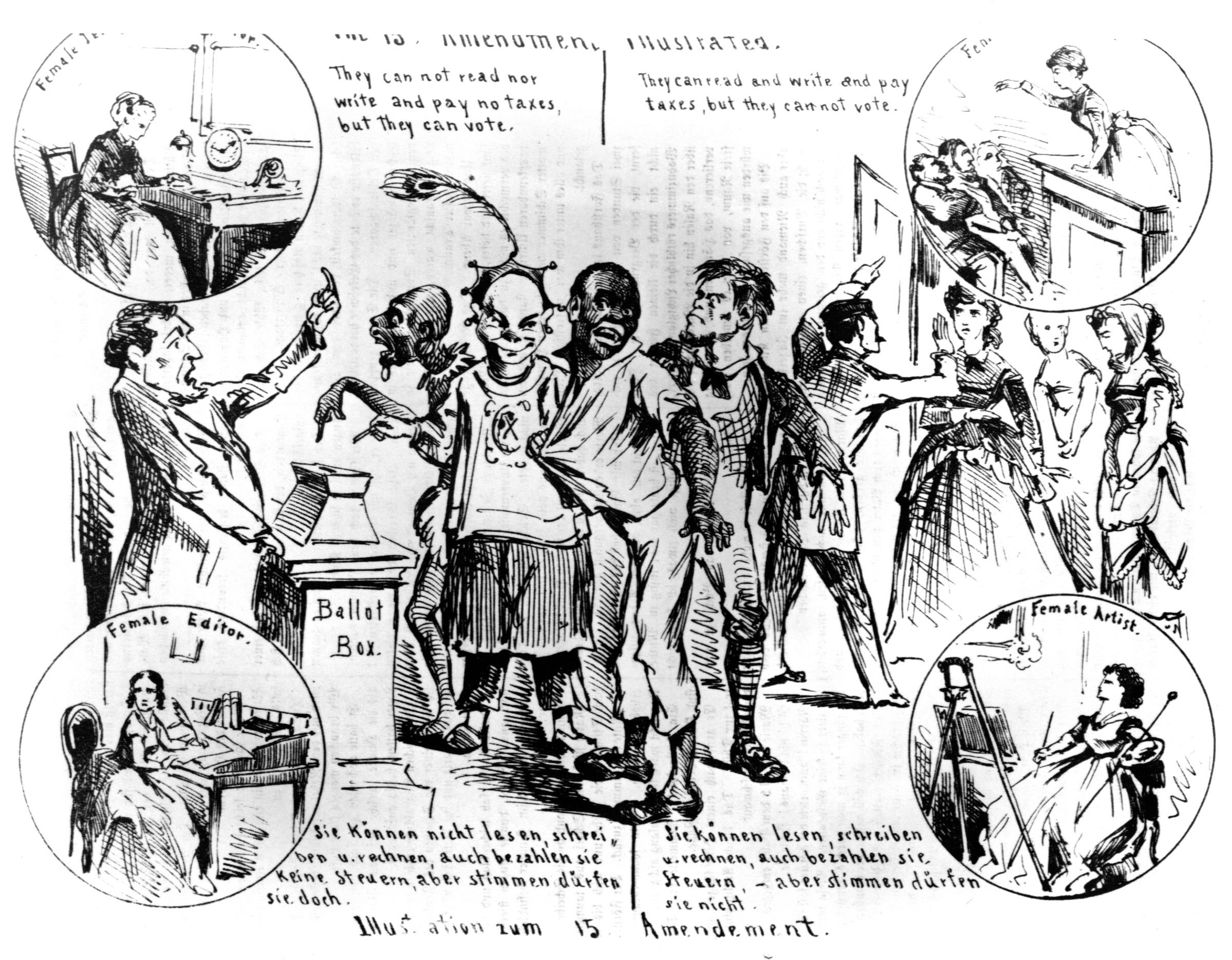 A cartoon in an 1870 edition of <em>Die Vehme</em> (“The Star Chamber”), a short-lived St. Louis satirical weekly, supports woman suffrage by denigrating the voting rights of male African Americans, Chinese people, and “illiterate” immigrants.