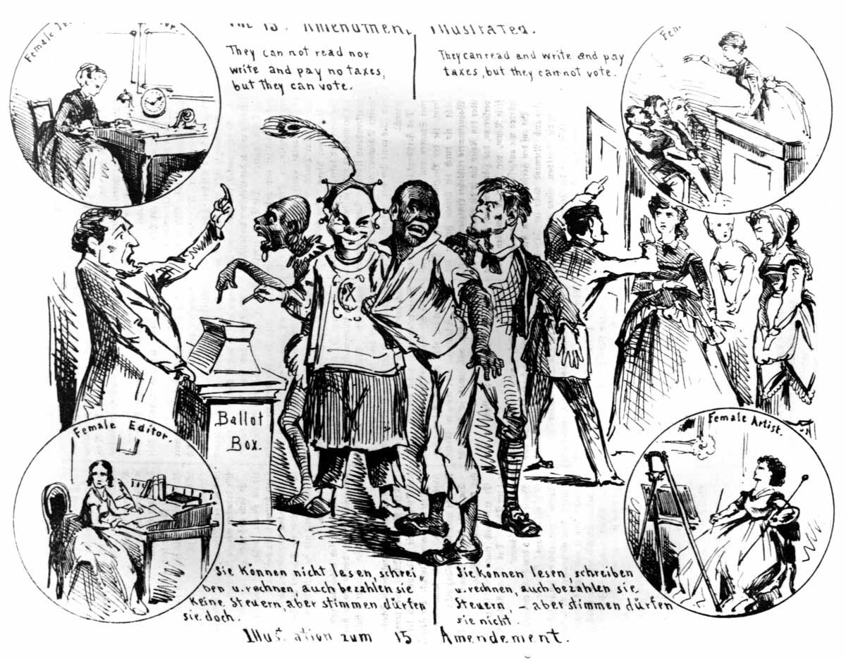 A cartoon in an 1870 edition of <em>Die Vehme</em> (“The Star Chamber”), a short-lived St. Louis satirical weekly, supports woman suffrage by denigrating the voting rights of male African Americans, Chinese people, and “illiterate” immigrants.