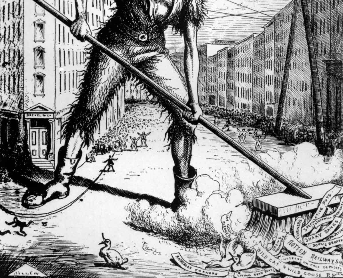 Despite the ghastly appearance of the figure representing financial panic, this <em>New York Daily Graphic </em>cover cartoon of September 29, 1873, subscribed to the belief that such financial “busts” cleansed the economy.