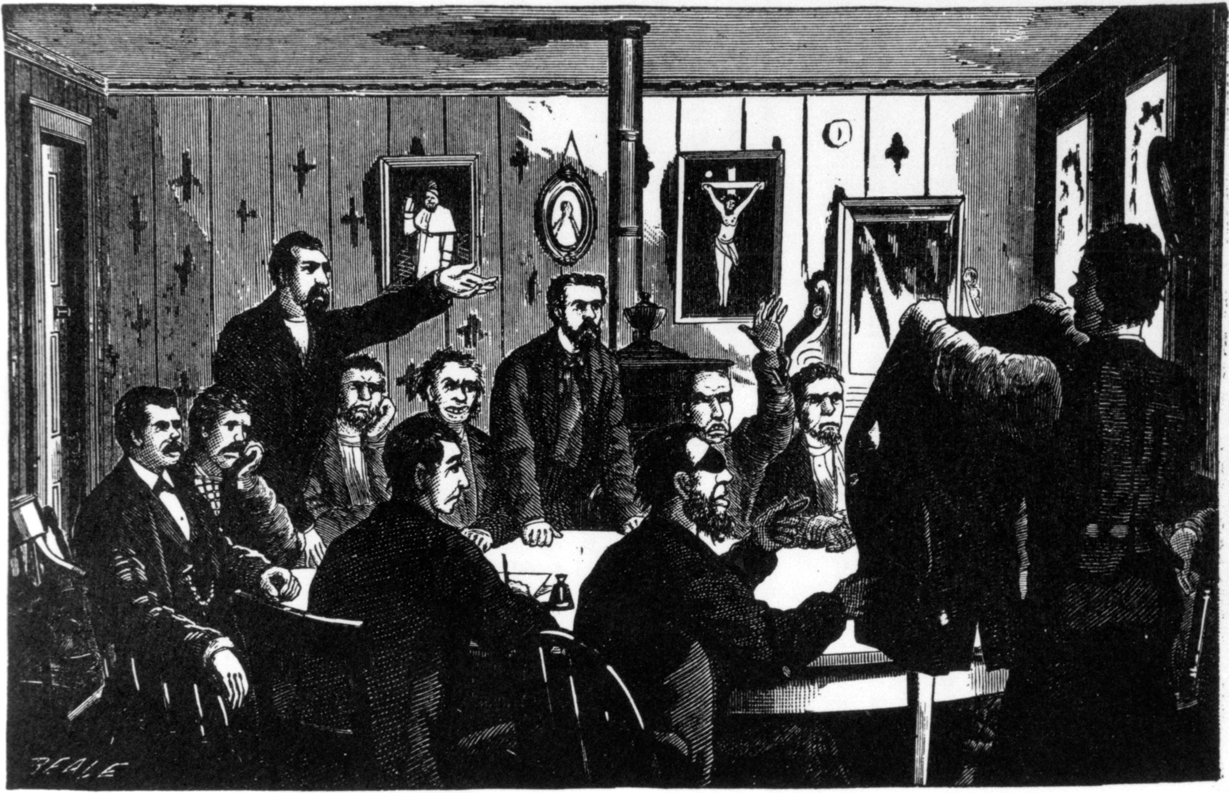 An illustration from <em>The Mollie Maguires and the Detectives</em>, Allan Pinkerton’s self- serving account of his detective agency’s infiltration of the secret society of Irish miners, shows a clandestine meeting in a bar adorned with pictures of the pope and numerous crucifixes (indicating the miners’ allegiance to a foreign power). Pinkerton’s work in the service of the Reading Railroad typified the widespread use of private police by railroads and other businesses to suppress unions.