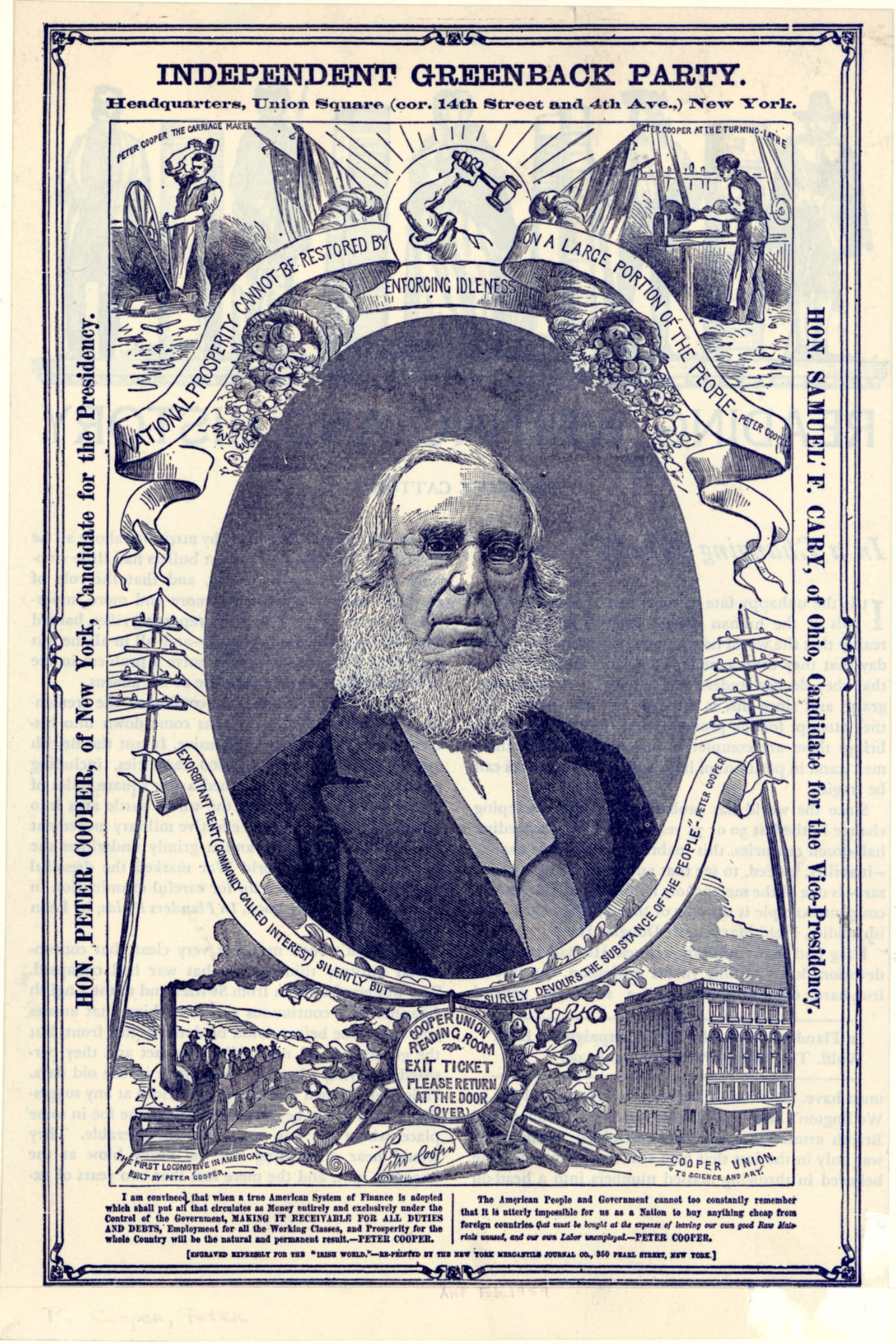 The early craftworker career of the Greenback Party’s 1876 presidential candidate, the businessman and philanthropist Peter Cooper, is featured on a campaign poster.