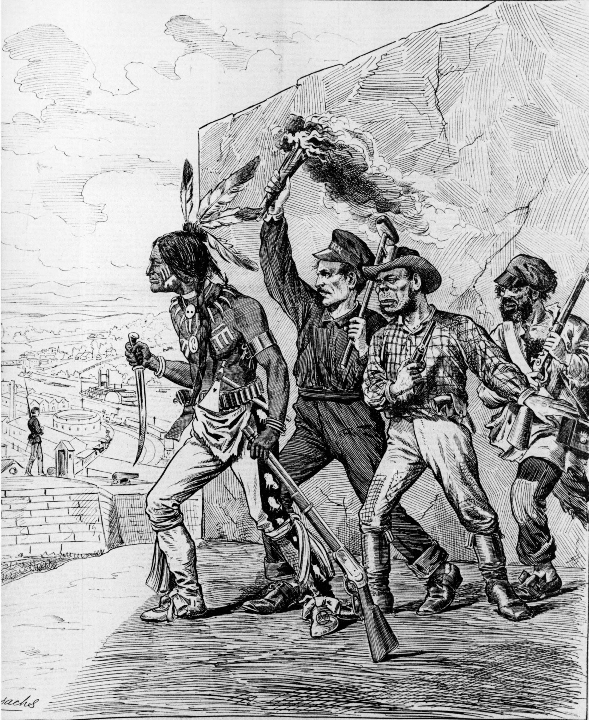 As this 1878 cartoon from the <em>New York Daily Graphic</em> indicated, in the aftermath of the “Great Uprising” of 1877, Native Americans, trade unionists, immigrants, and tramps were often grouped together in the press as symbols of disorder and opposition to the nation’s progress.