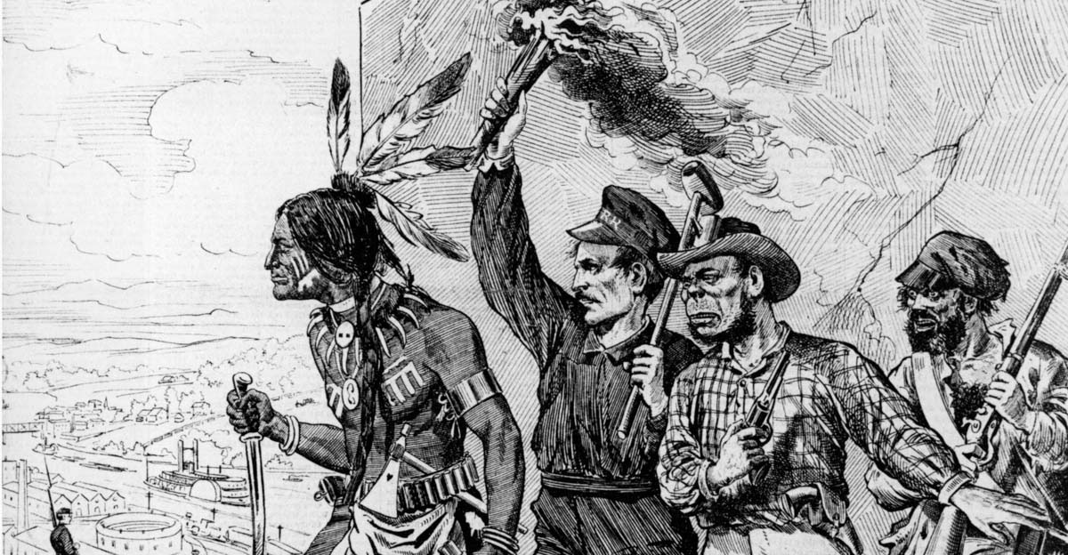 As this 1878 cartoon from the <em>New York Daily Graphic</em> indicated, in the aftermath of the “Great Uprising” of 1877, Native Americans, trade unionists, immigrants, and tramps were often grouped together in the press as symbols of disorder and opposition to the nation’s progress.