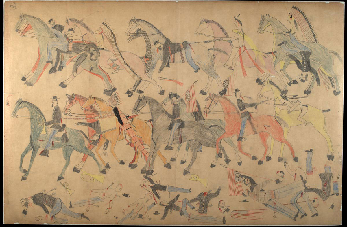 This is part of a series of pictures drawn by the Miniconjou&nbsp;warrior Red Horse recording his memories of the 1876 battle, drawn five years later at the Cheyenne River Agency.