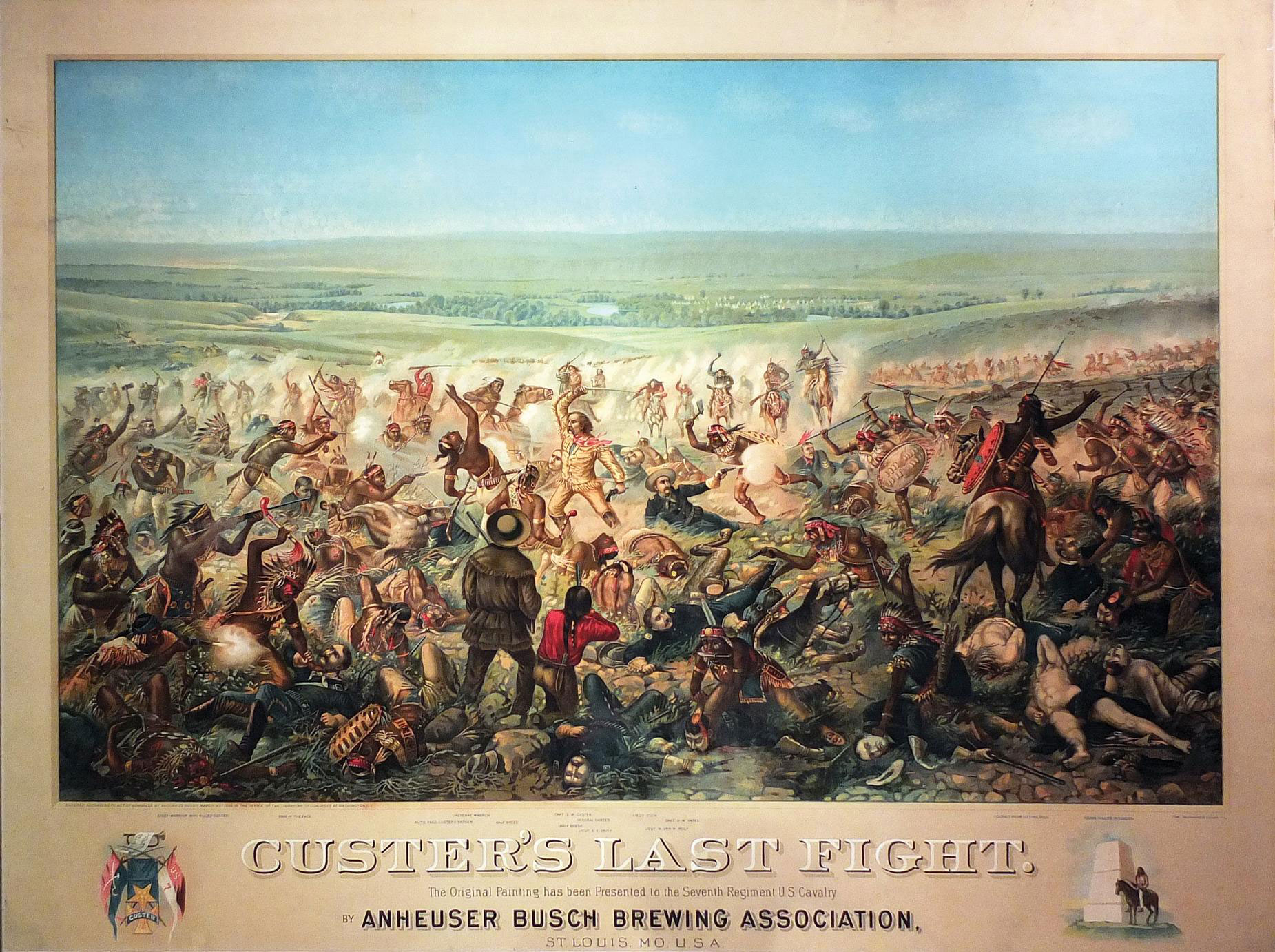 Published twenty years later as a promotional print for Anheuser Busch of St. Louis, this lithograph was the best-known visual interpretation of the 1876 battle. At least 200,000 copies were distributed, the print’s gruesome and imaginary depiction gracing the walls of saloons across the country. Its popularity continued into the twentieth century, when thousands of copies were sent out to American servicemen during the Second World War.