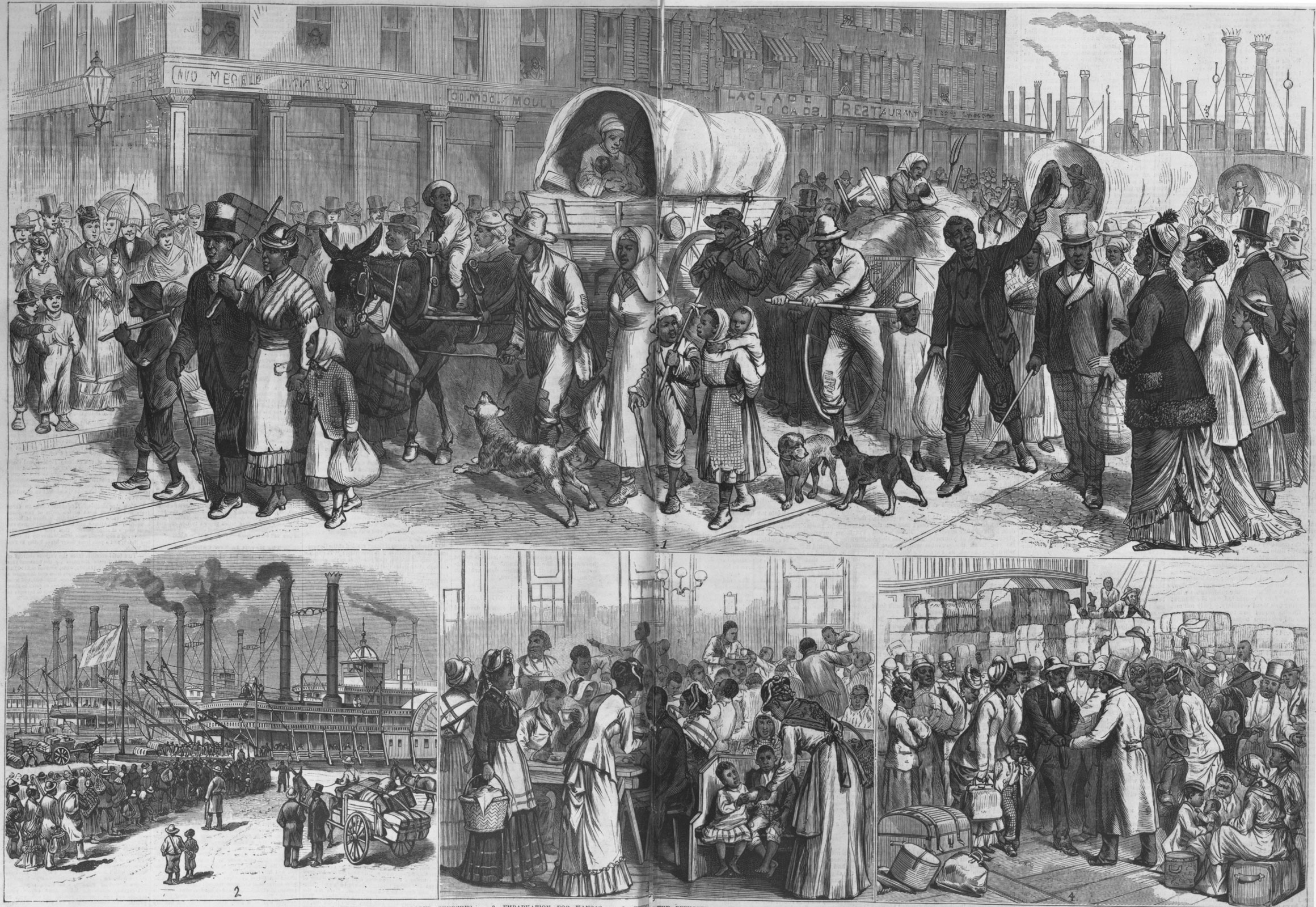 While many newspapers described Southern African American migrants as desperate and destitute refugees, pictorial coverage emphasized the organization and orderliness of the migration, as exemplified in this engraving showing the arrival of Exodusters in St. Louis, Missouri, during 1879.