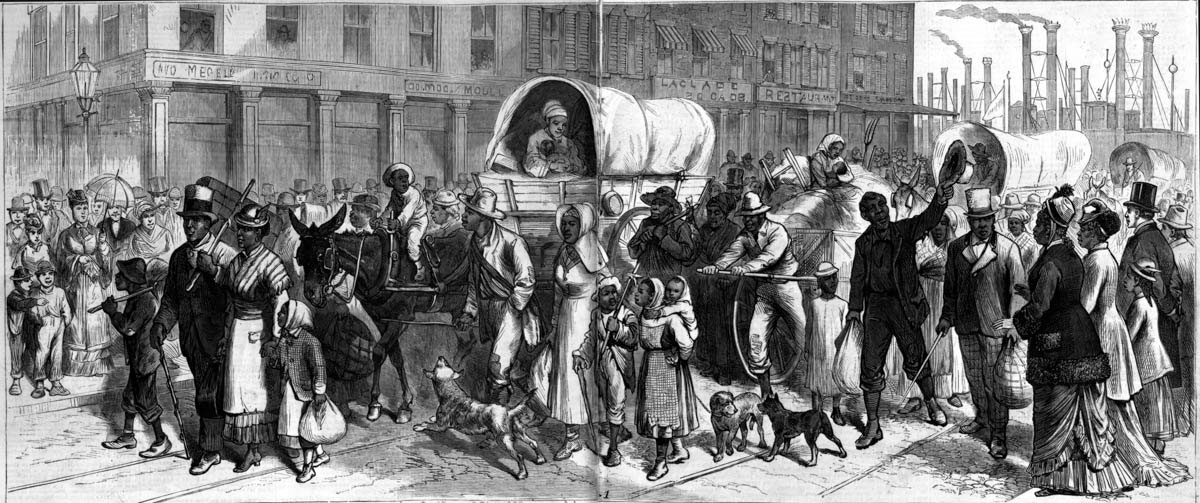 While many newspapers described Southern African American migrants as desperate and destitute refugees, pictorial coverage emphasized the organization and orderliness of the migration, as exemplified in this engraving showing the arrival of Exodusters in St. Louis, Missouri, during 1879.