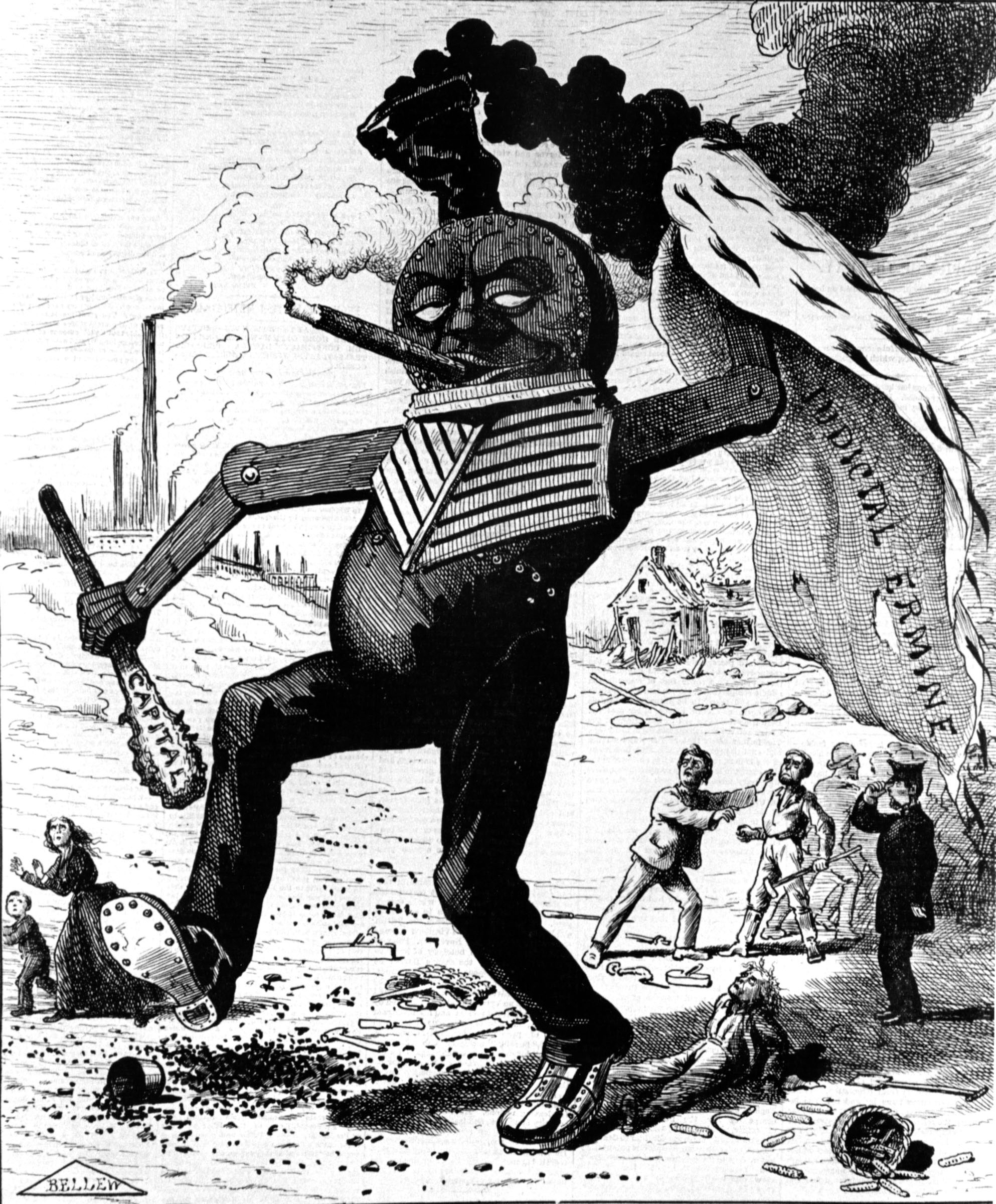 Inspired by Mary Shelley’s novel about a human-made monster who turned on its creator, this cartoon depicted the railroad trampling the rights of the American people. “Agriculture, commerce, and manufacture are all in my power,” the monster roared in the cartoon’s caption. “My interest is the higher law of American politics.”