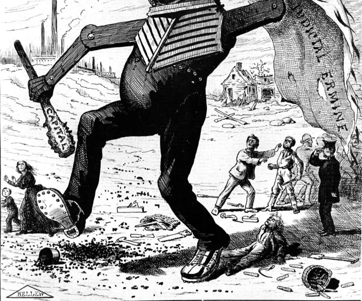 Inspired by Mary Shelley’s novel about a human-made monster who turned on its creator, this cartoon depicted the railroad trampling the rights of the American people. “Agriculture, commerce, and manufacture are all in my power,” the monster roared in the cartoon’s caption. “My interest is the higher law of American politics.”