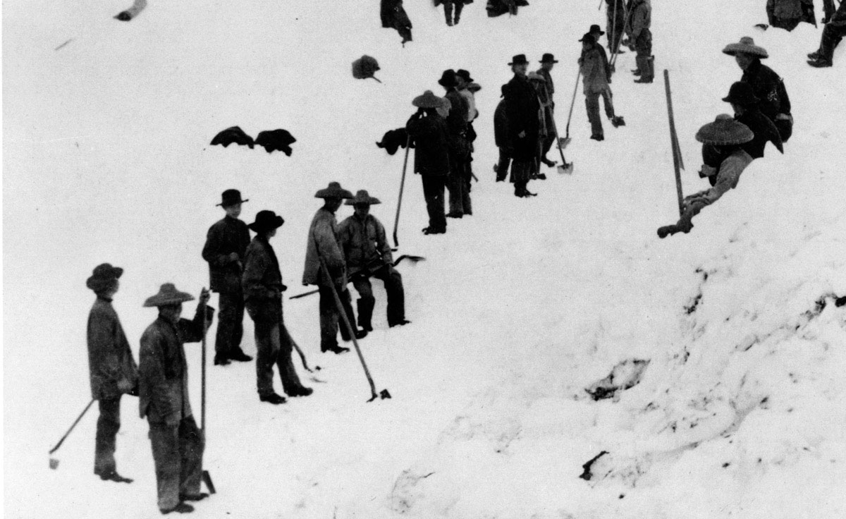 Chinese workers constructing a tunnel on the Northern Pacific Railway were photographed sometime in the 1880s as they cleared a switchback (a zigzag, uphill road) in the Cascade Mountains of Washington.