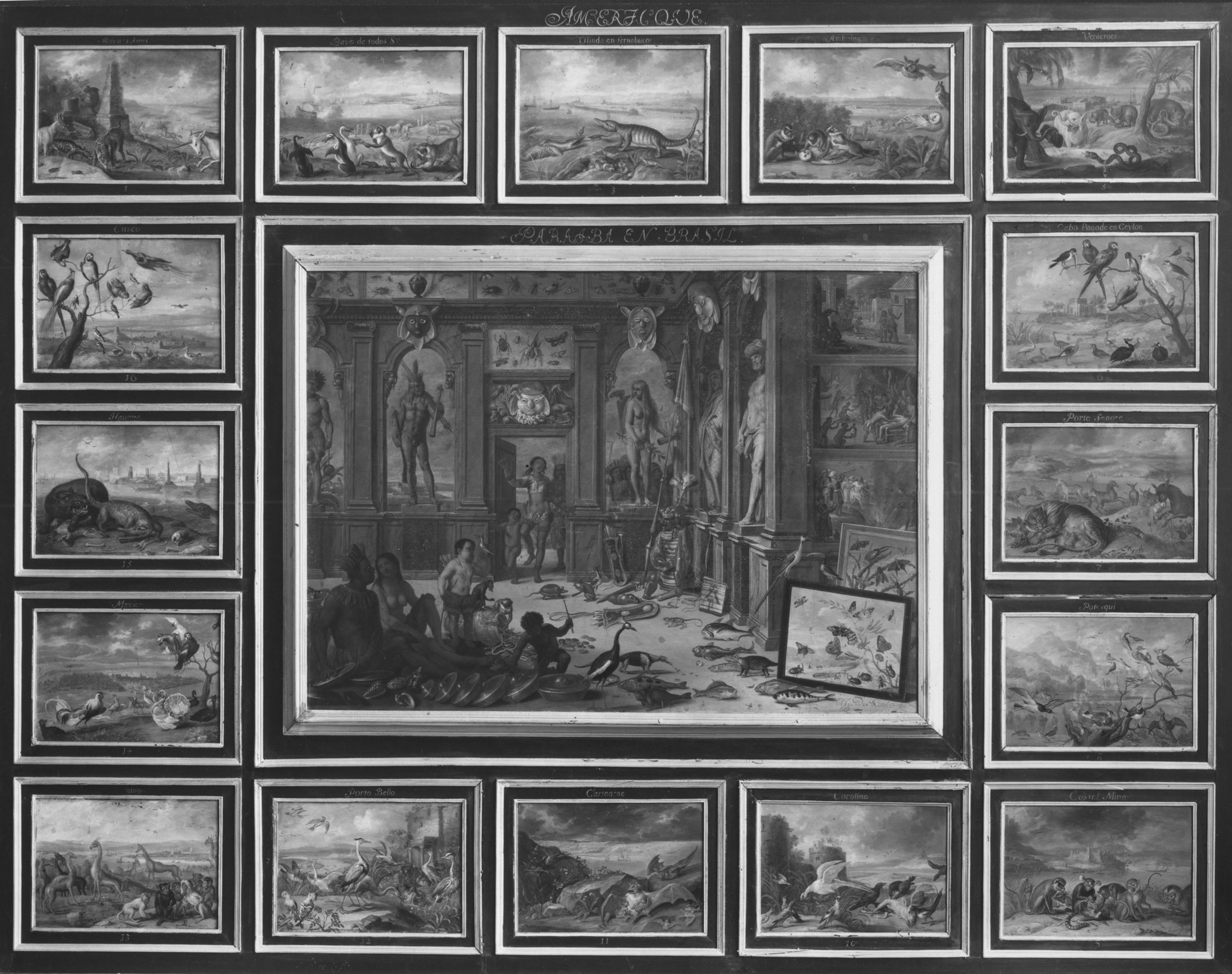 The natural bounty of the New World was put on display in this seventeenth-century Flemish painting. On the left of the central panel, America is represented by Indigenous peoples who lounge alongside the favored object of European desire: a collection of gold weights.