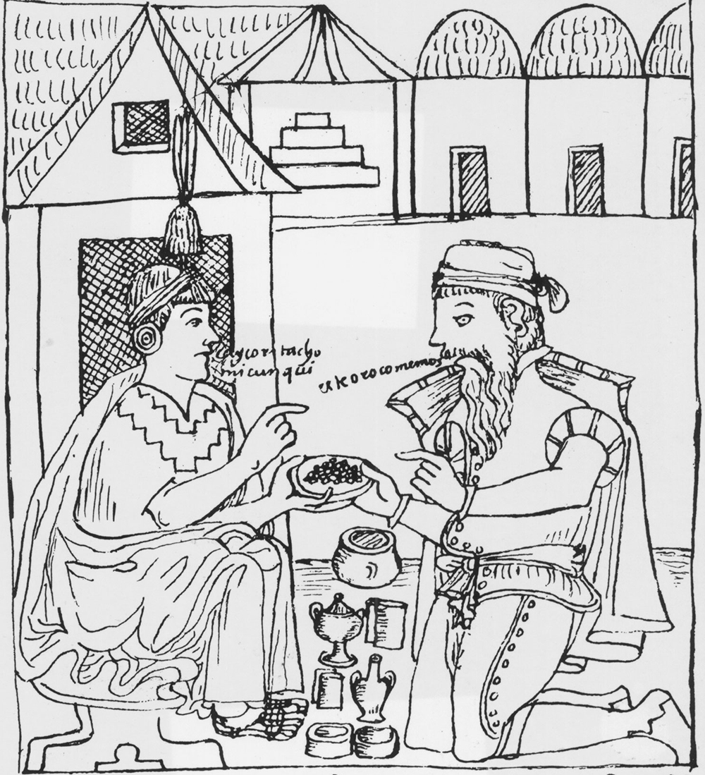 This drawing from Guamán Poma’s <em>Nueva corónica</em> depicts a meeting between an Incan king and one of the Spaniards left behind by Pizarro after his first voyage to Peru. Curious about the Spanish obsession with gold, the Incan used sign language to ask his visitor whether the Spaniards ate the metal. “Yes,” the Spaniard answered, misunderstanding, “we eat it.” According to Guamán Poma, to satisfy this strange diet, the Incans began to offer gold to the Spaniards.