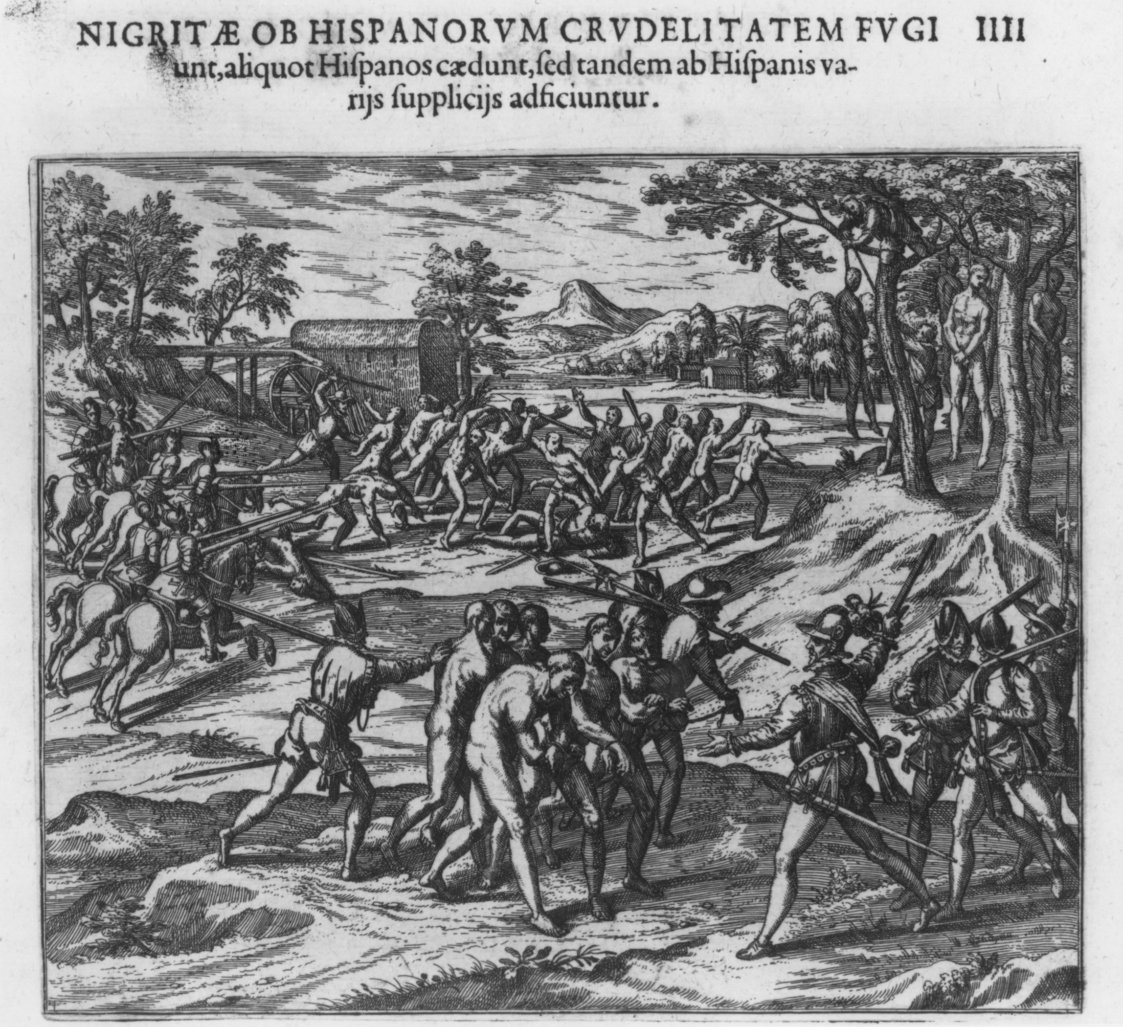 This is an engraving from the Frankfurt edition of Girolamo Benzoni’s widely read sixteenth-century history of America, <em>Historia del mondo nuovo.</em> The Milanese author denounced Spanish treatment of Native peoples and, more unusually, as depicted here, of enslaved Africans in the New World.