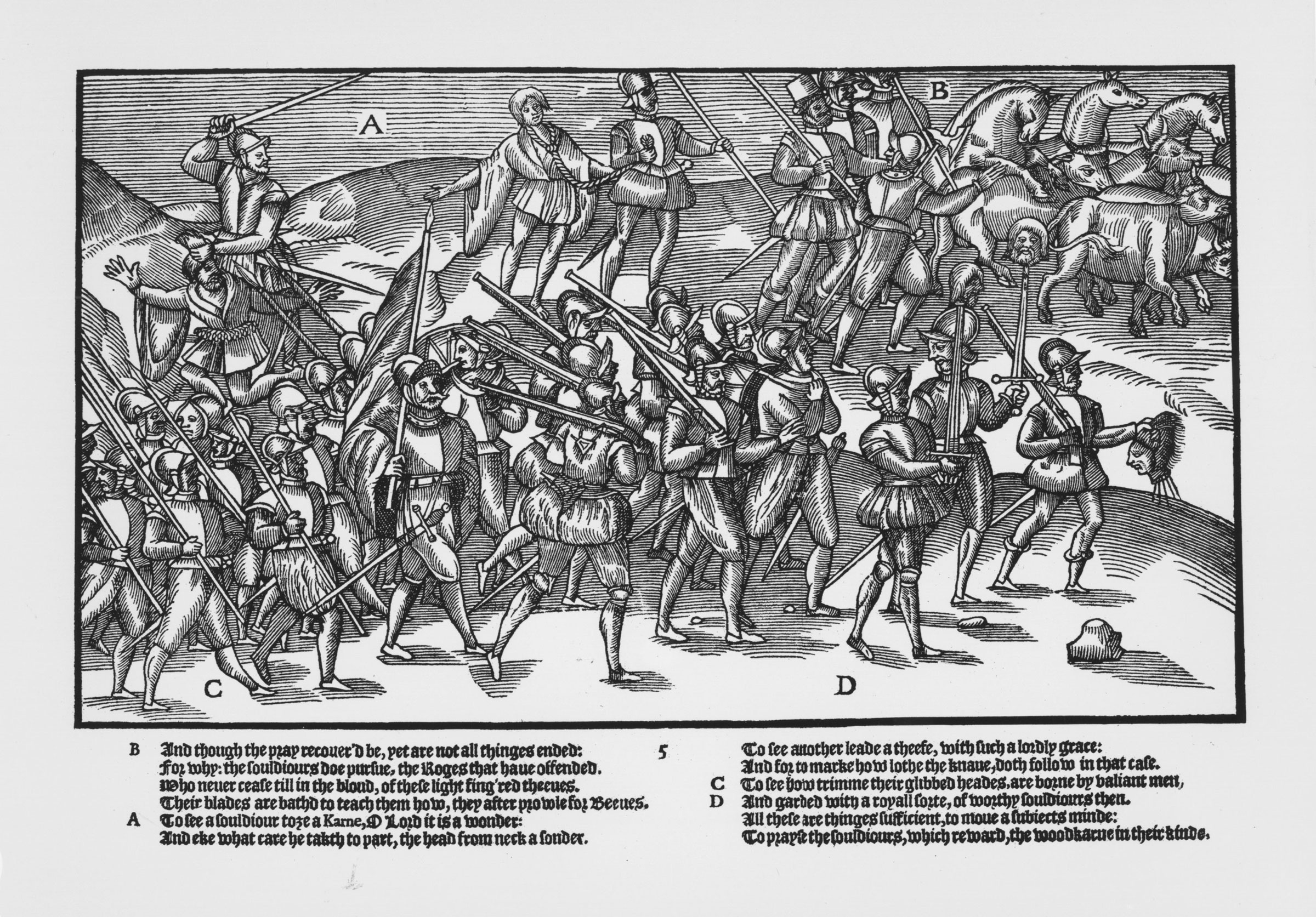 England’s subjugation of Ireland during the reign of Elizabeth I served as a rehearsal for the colonization of Virginia in the seventeenth century. As in the later New World colony, the crown licensed private individuals and companies to undertake conquest and settlement for their own profit. Protestant colonists expropriated Irish Catholic lands and rationalized their violence against the Irish by branding them as savage pagans. In this sixteenth-century woodcut, English soldiers returned to their camp carrying a grisly trophy of conquest.