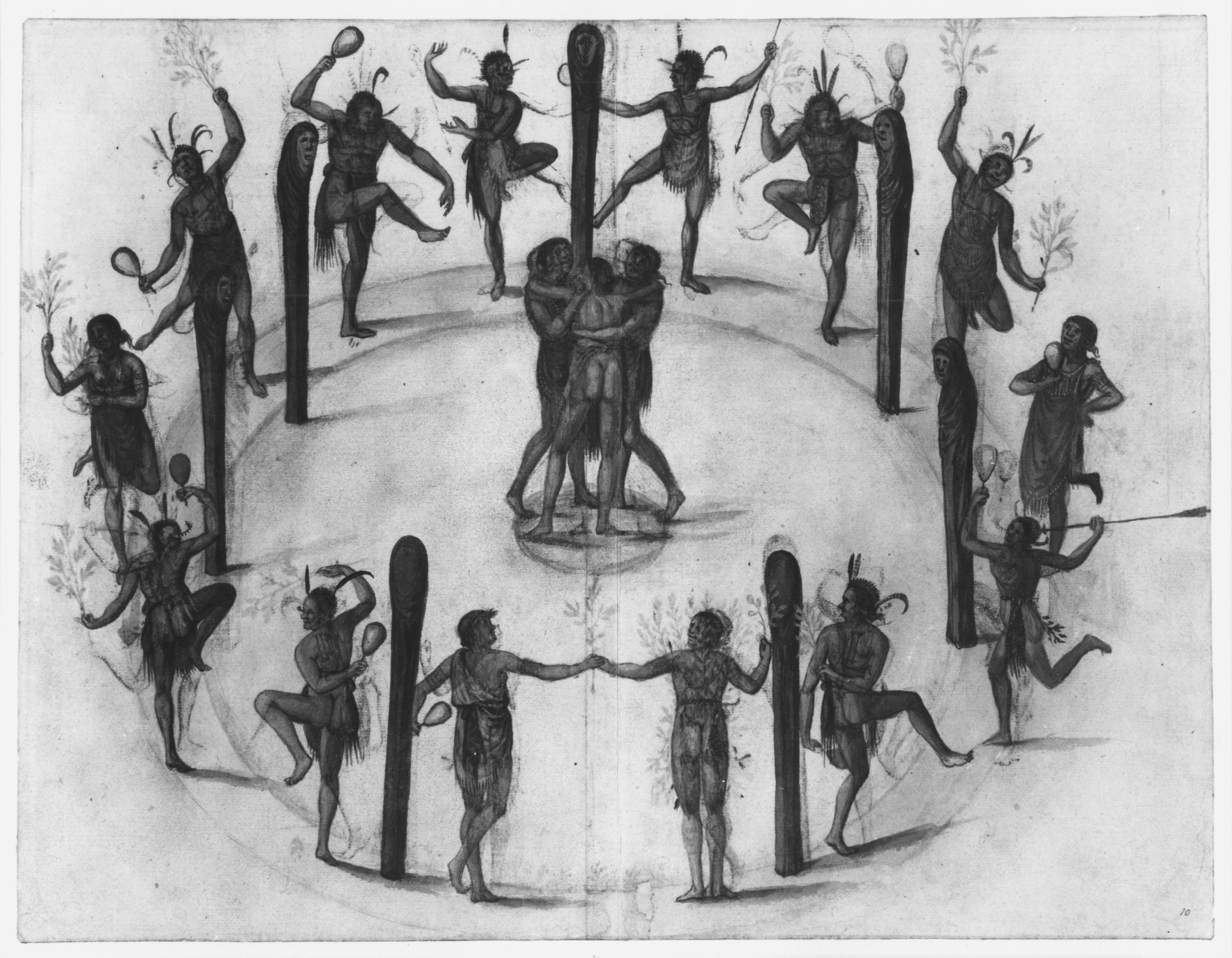 John White drew this “green corn” celebration in the Native village of Secoton sometime around 1585. The Native peoples in his drawings appear exotic yet also reassuringly familiar. Their poses, resembling figures in classical antiquity, and their discreetly draped clothes may have been intended to calm English fears of Native violence and immorality. White, who was appointed governor of the unsuccessful Virginia colony of Roanoke in 1587, underplayed or omitted many aspects of Native peoples' lives that would disturb English sensibilities and deter potential colonists.