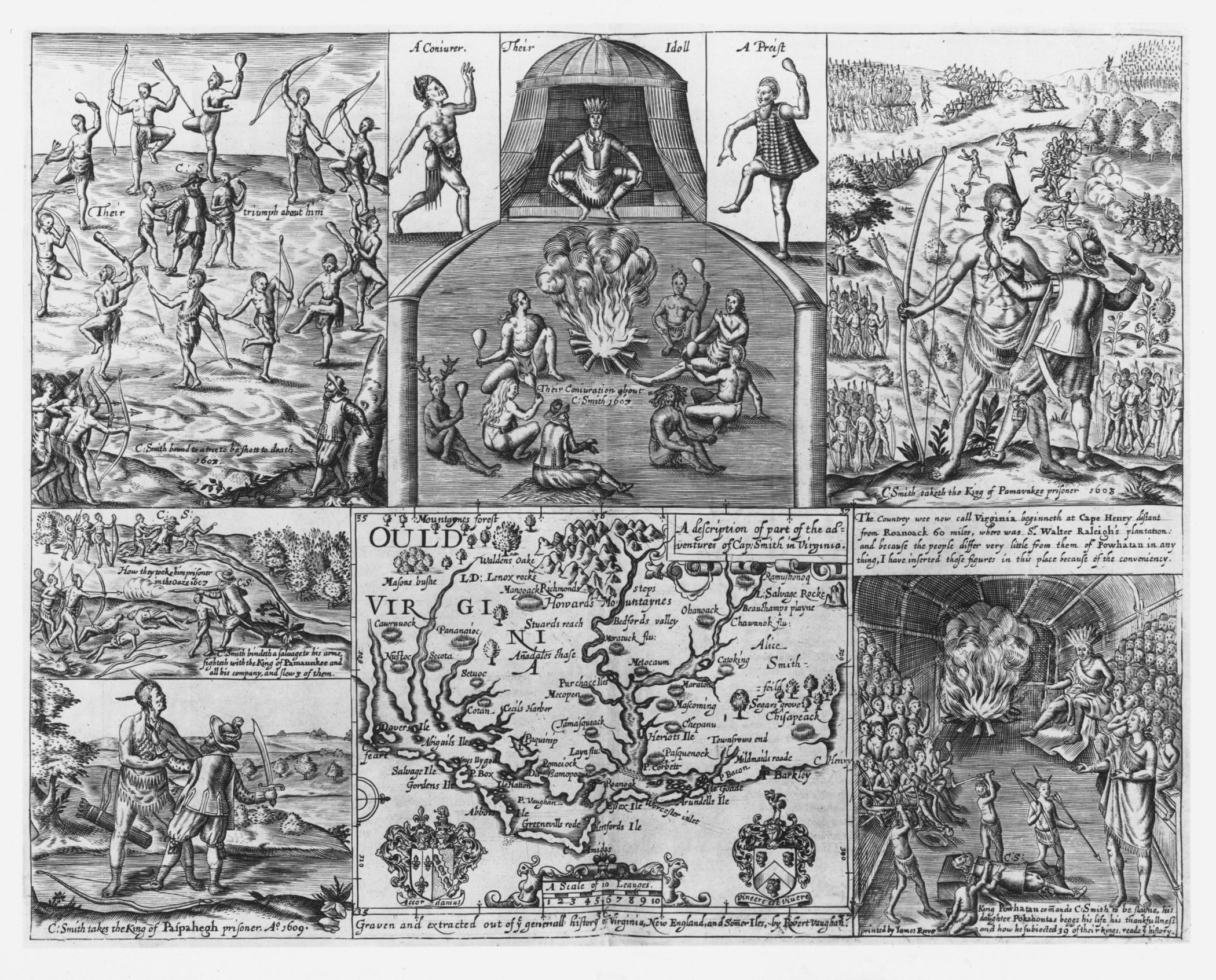 Smith, one of the first governing councillors of the Virginia colony, took a less benevolent view of Native people than did John White. This engraving from his <em>Generall Historie of Virginia</em>, published in 1624, shows the Chesapeake polities as threatening giants. Smith recommended repression: “bring them to be tractable, civil, and industrious . . . that the fruit of their labor might make us some recompense.”