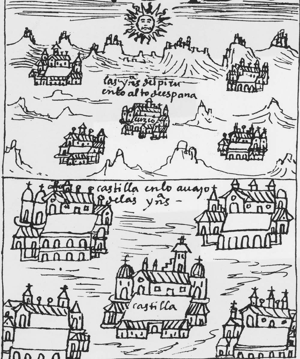 This drawing by an Andean nobleman, Felipe Guamán Poma de Ayala, depicts the Incan view of the world. The kingdom of Peru, the capital city of Cuzco in its center, is situated at the top of the world, overshadowing Spain below. Guamán Poma’s 1200-page <em>Nueva corónica y buen gobierno</em>, illustrated with 400 quill drawings, was written between 1587 and 1615. It comprises a unique Andean interpretation of Peruvian history from the Creation through the Spanish conquest.