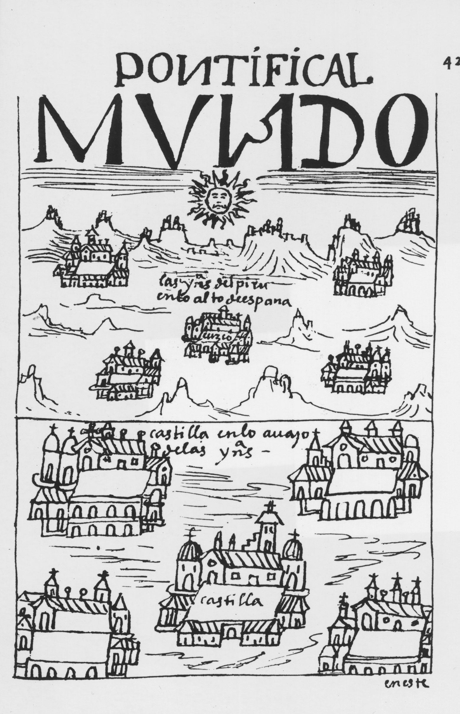 This drawing by an Andean nobleman, Felipe Guamán Poma de Ayala, depicts the Incan view of the world. The kingdom of Peru, the capital city of Cuzco in its center, is situated at the top of the world, overshadowing Spain below. Guamán Poma’s 1200-page <em>Nueva corónica y buen gobierno</em>, illustrated with 400 quill drawings, was written between 1587 and 1615. It comprises a unique Andean interpretation of Peruvian history from the Creation through the Spanish conquest.