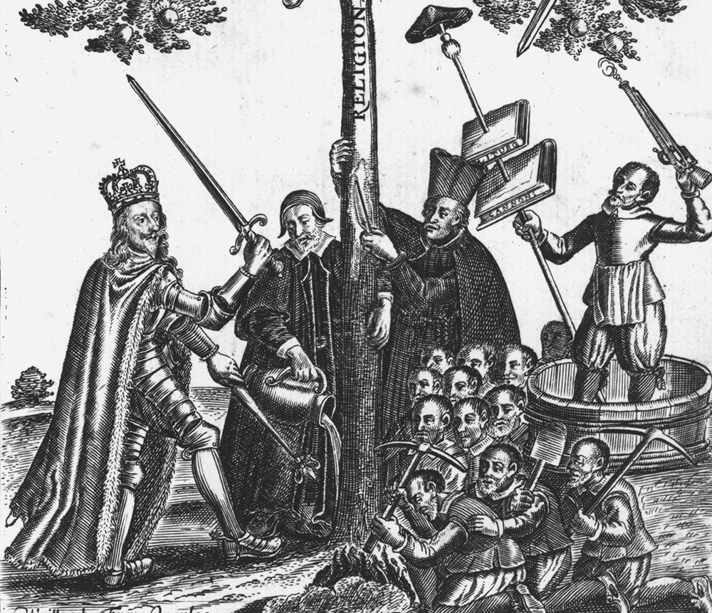 The frontispiece illustration from a 1645 book by the English religious poet Francis Quarles portrays King Charles defending the tree of Religion from Cromwell’s Puritan followers.