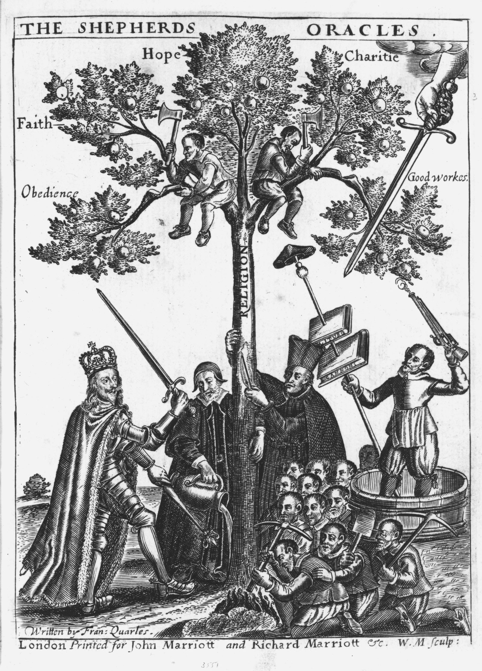 The frontispiece illustration from a 1645 book by the English religious poet Francis Quarles portrays King Charles defending the tree of Religion from Cromwell’s Puritan followers.