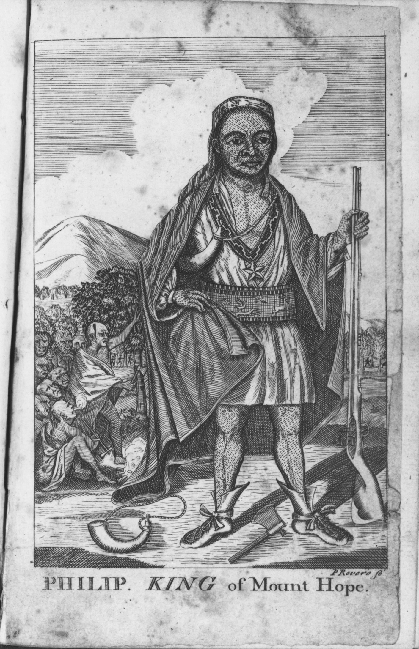 This fanciful 1772 engraving by the Boston silversmith Paul Revere was copied from a portrait of the&nbsp;Kanien'kehá:ka&nbsp;(Mohawk) chief Thayendanega (Joseph Brant). Despite its inaccuracy, Revere’s picture influenced print and stage portrayals of Metacom through the mid-nineteenth century.