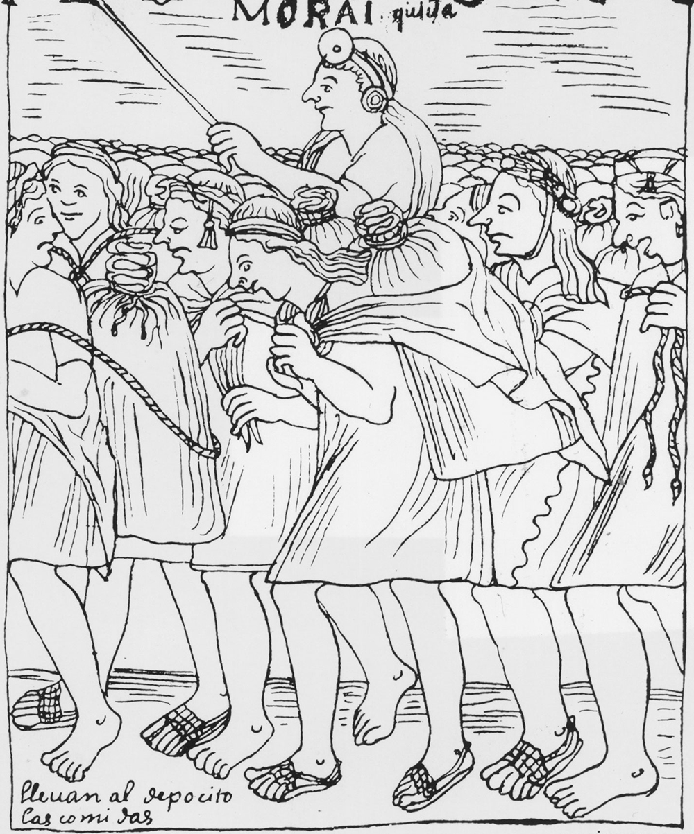 A drawing from Guamán Poma’s <em>Nueva corónica</em> depicts Incans gathering the annual May harvest before the Spanish conquest.