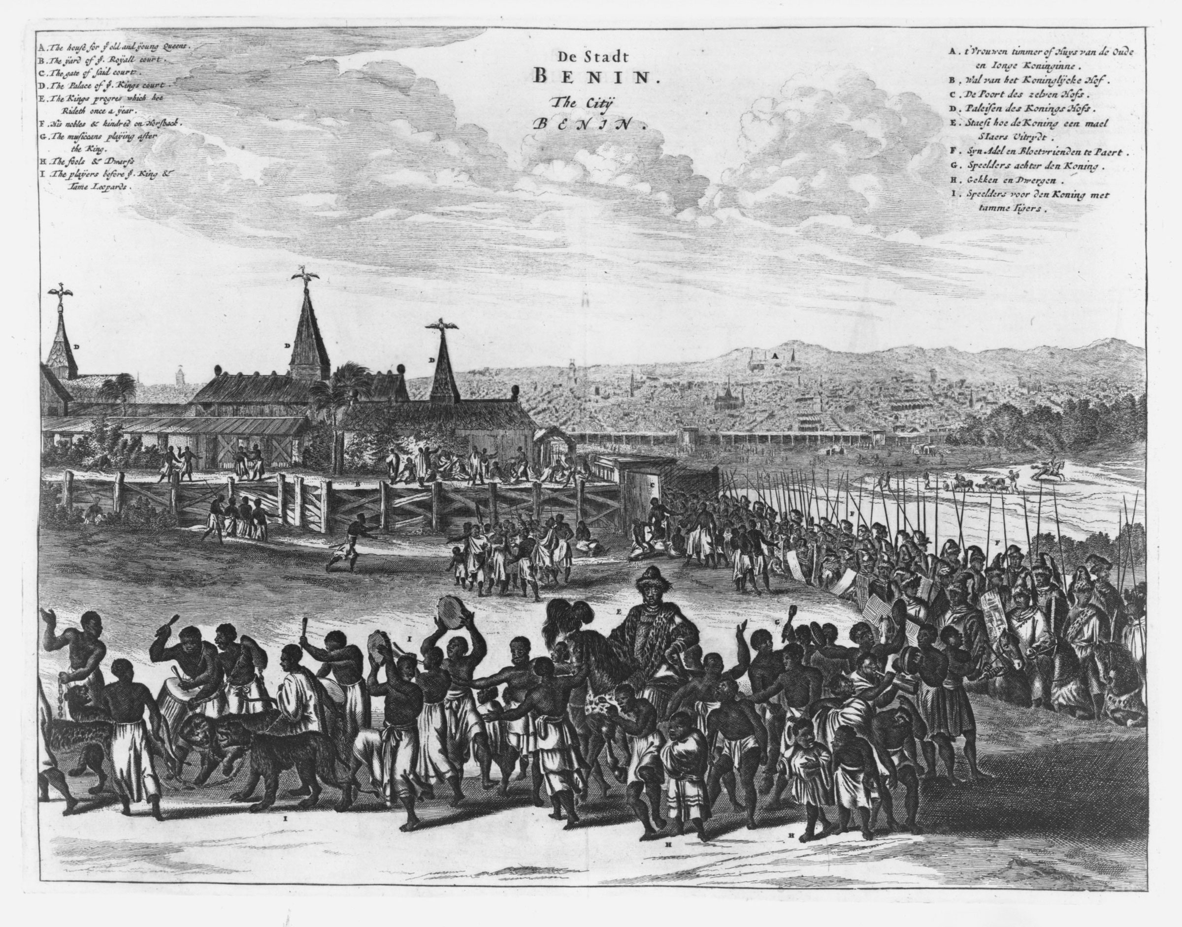 An engraving from a seventeenth-century Dutch survey of Africa features the royal court of Benin in the foreground, while the expansive city stretches into the distance.