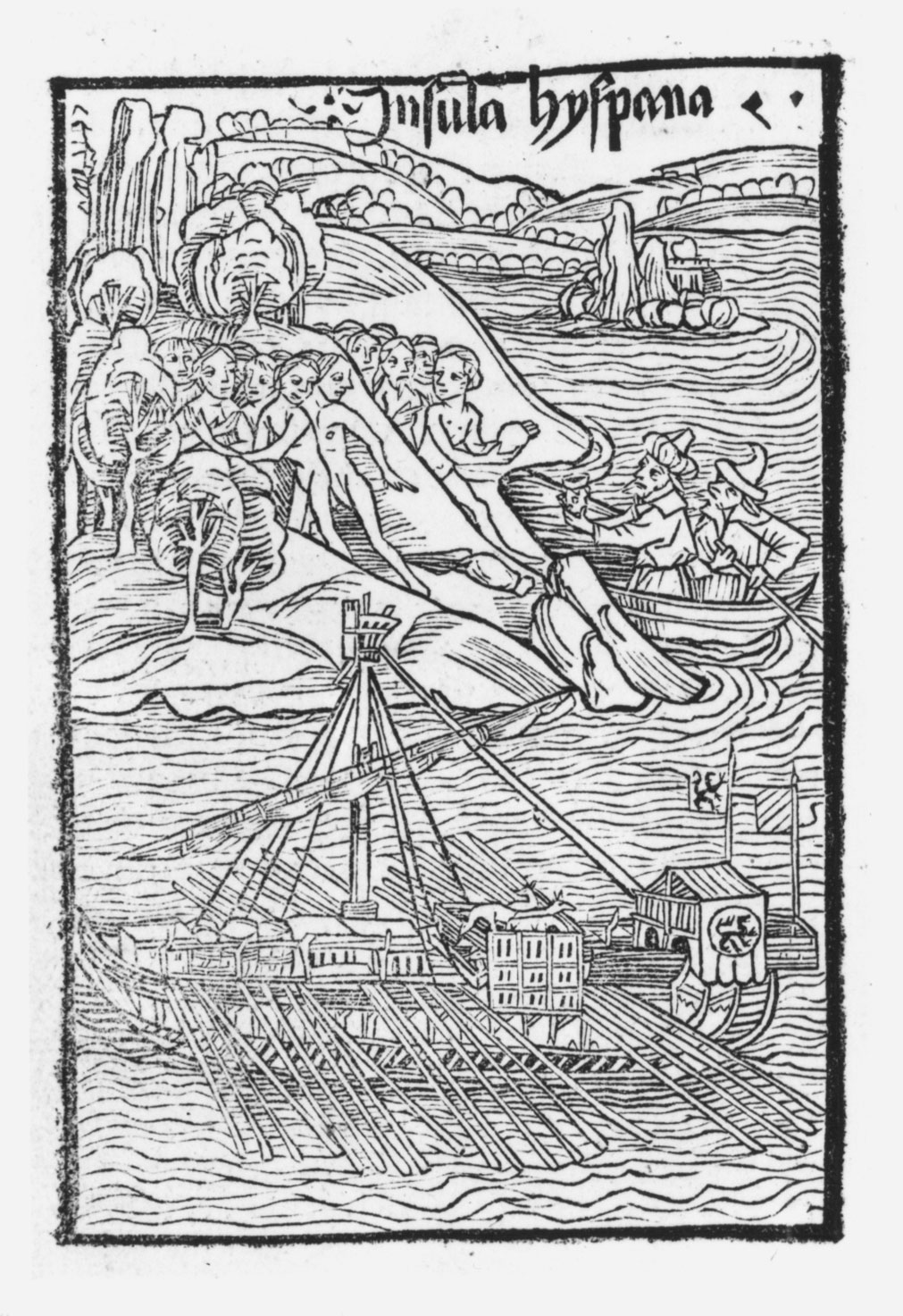 A plate from a 1493 edition of Columbus’s letters depicts an explorer landing somewhere—but not in America. The galley ship in the foreground, which could never have endured an ocean voyage, bears no resemblance to Columbus’s vessels. The illustration probably derived from an older publication about Mediterranean exploration.