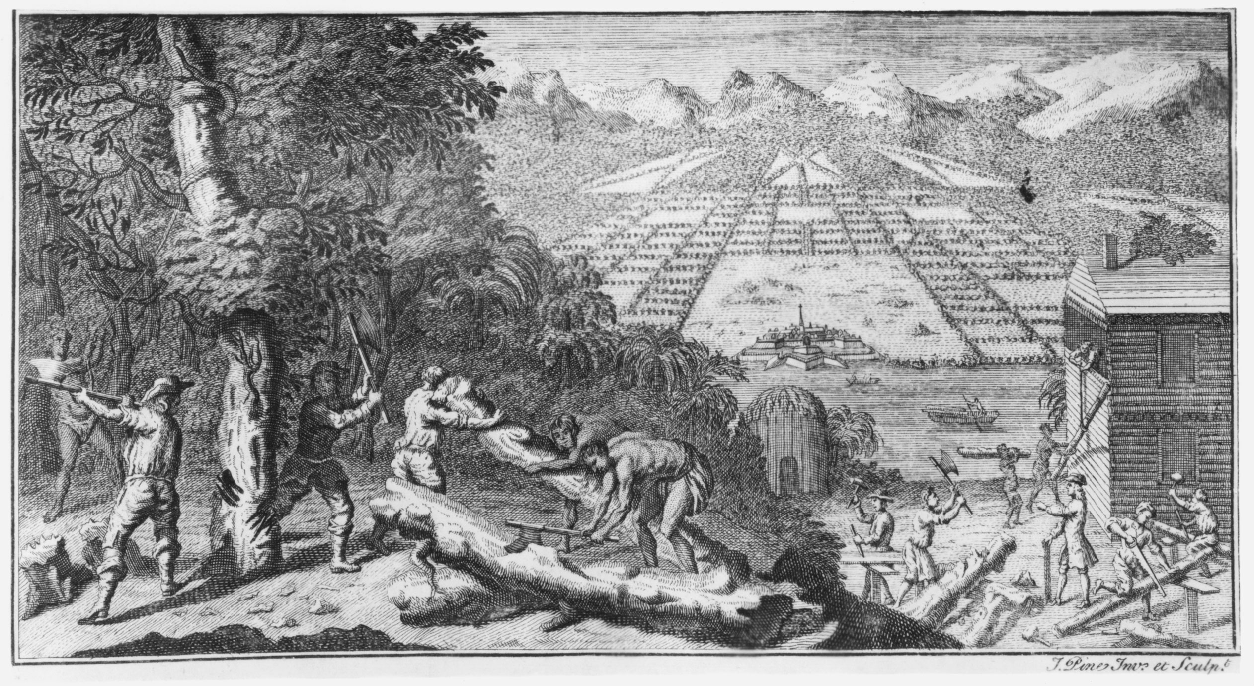 An illustration from a 1733 book that advocated colonization depicts Georgia as an idyllic, bountiful land—the perfect setting for the creation of a well-ordered, hierarchical society. Note the well-dressed gentleman in the lower right corner supervising the work.