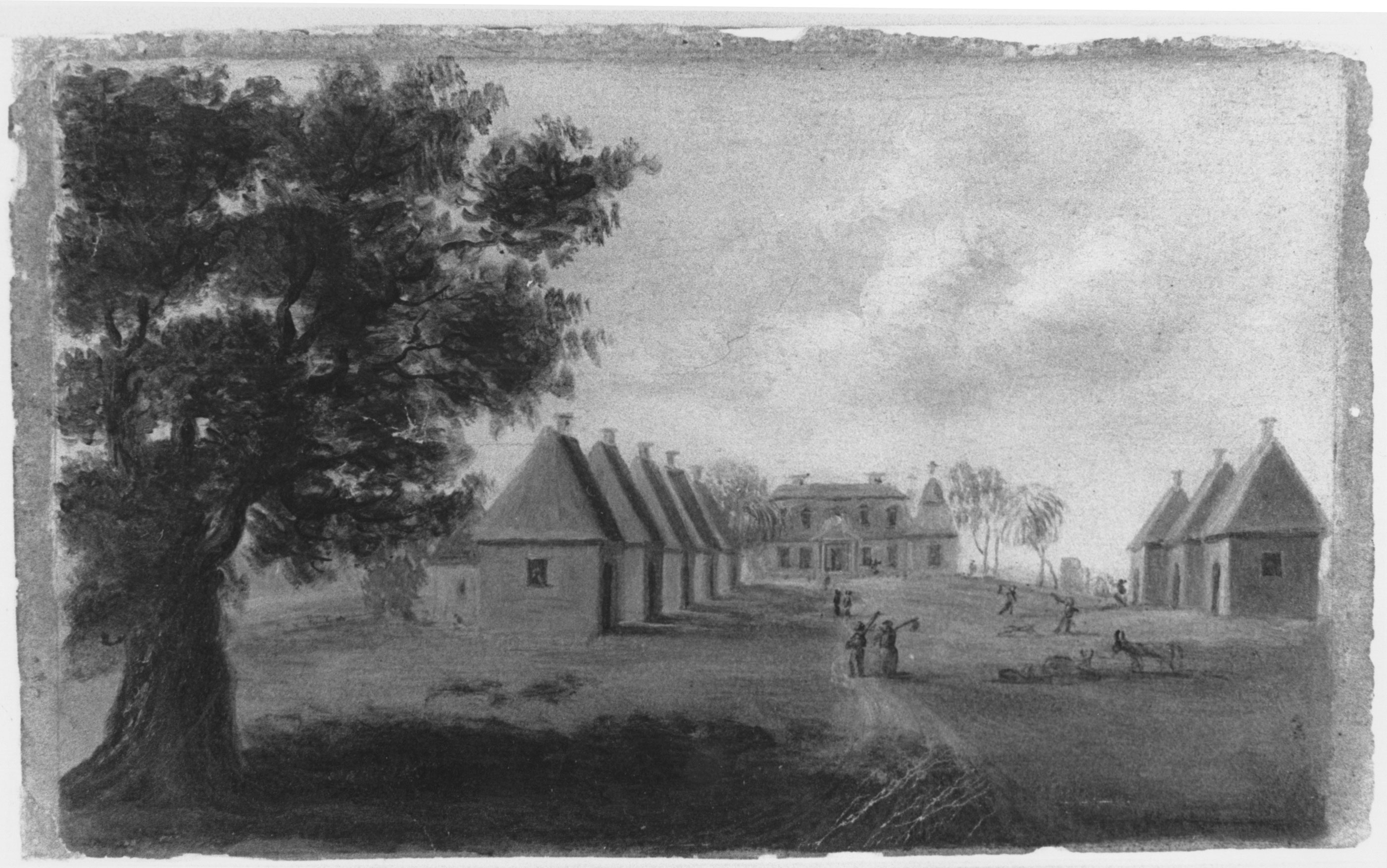 In this painting of a rice plantation near Charleston in the 1770s, the planter’s house is framed by the quarters of his enslaved workers. The artist probably depicted the size of the cabins inaccurately, suggesting a height and spaciousness that the one-room cabins did not possess.