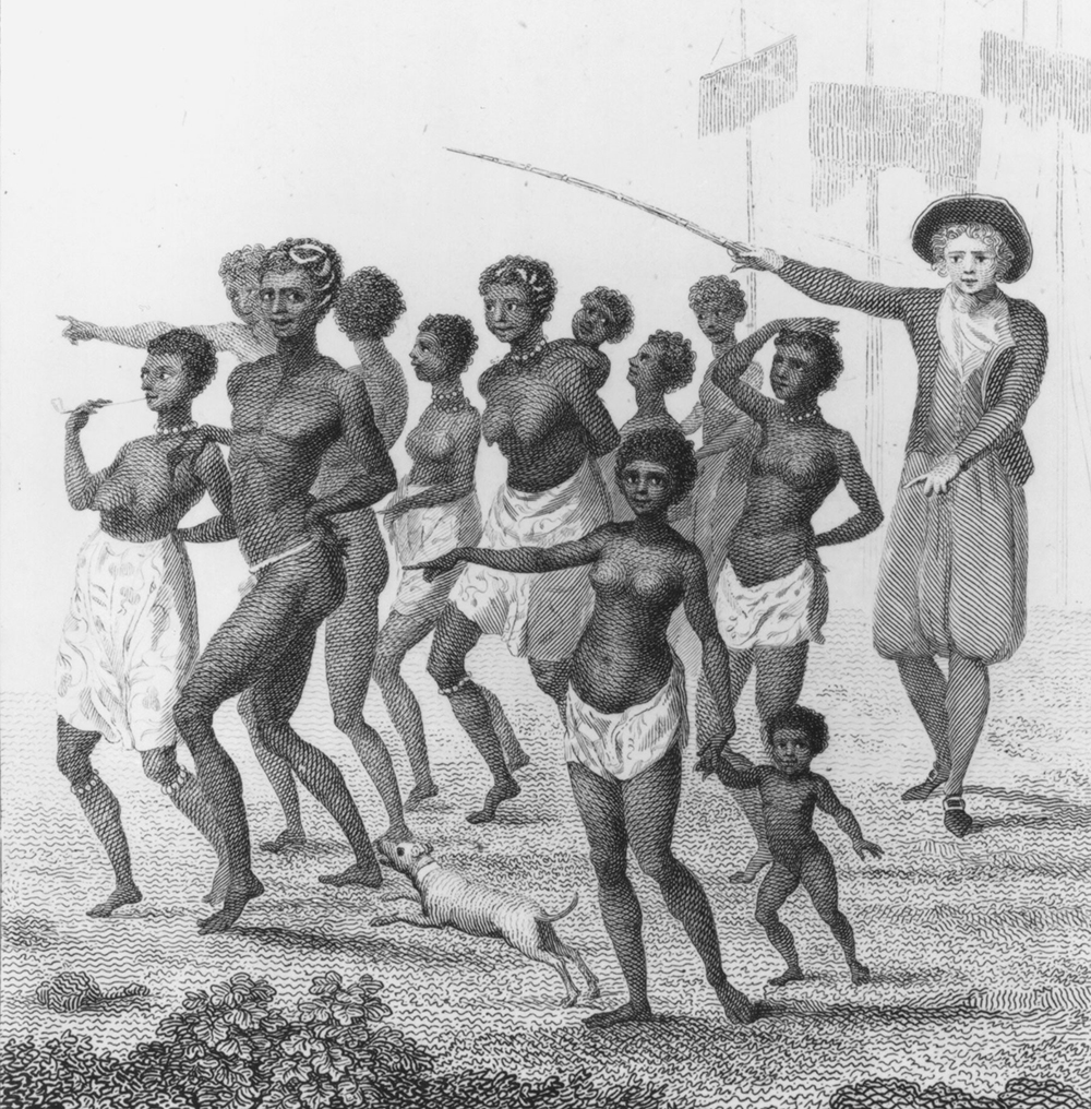 A late-eighteenth-century engraving from a British abolitionist report shows newly arrived captive Africans being driven to an auction.