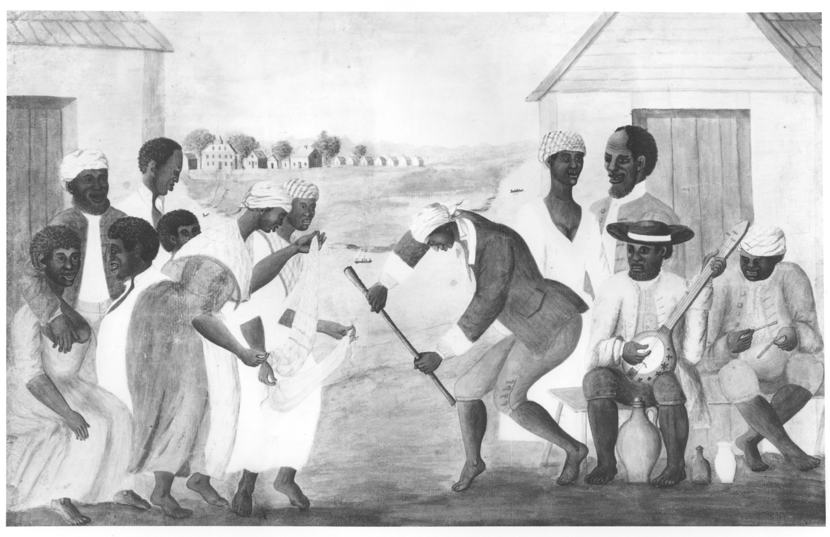 This unusual late-eighteenth-century painting, attributed to a South Carolina planter, indicates the blending of cultural influences in the enslaved quarters. African and American culture merge in the celebrants' dress, dance, and musical instruments (a drum and banjo). The ceremony shown is probably a wedding at which, by African custom, the bride and groom jump over a stick.