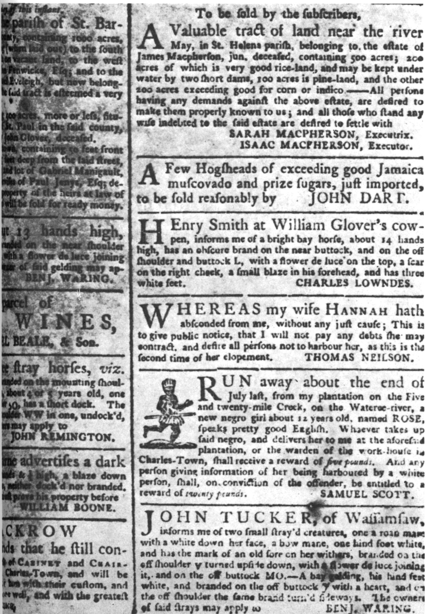 The September 18, 1762, edition of the <em>South Carolina Gazette</em> includes notices about enslaved escapees, stray animals, and runaway wives.