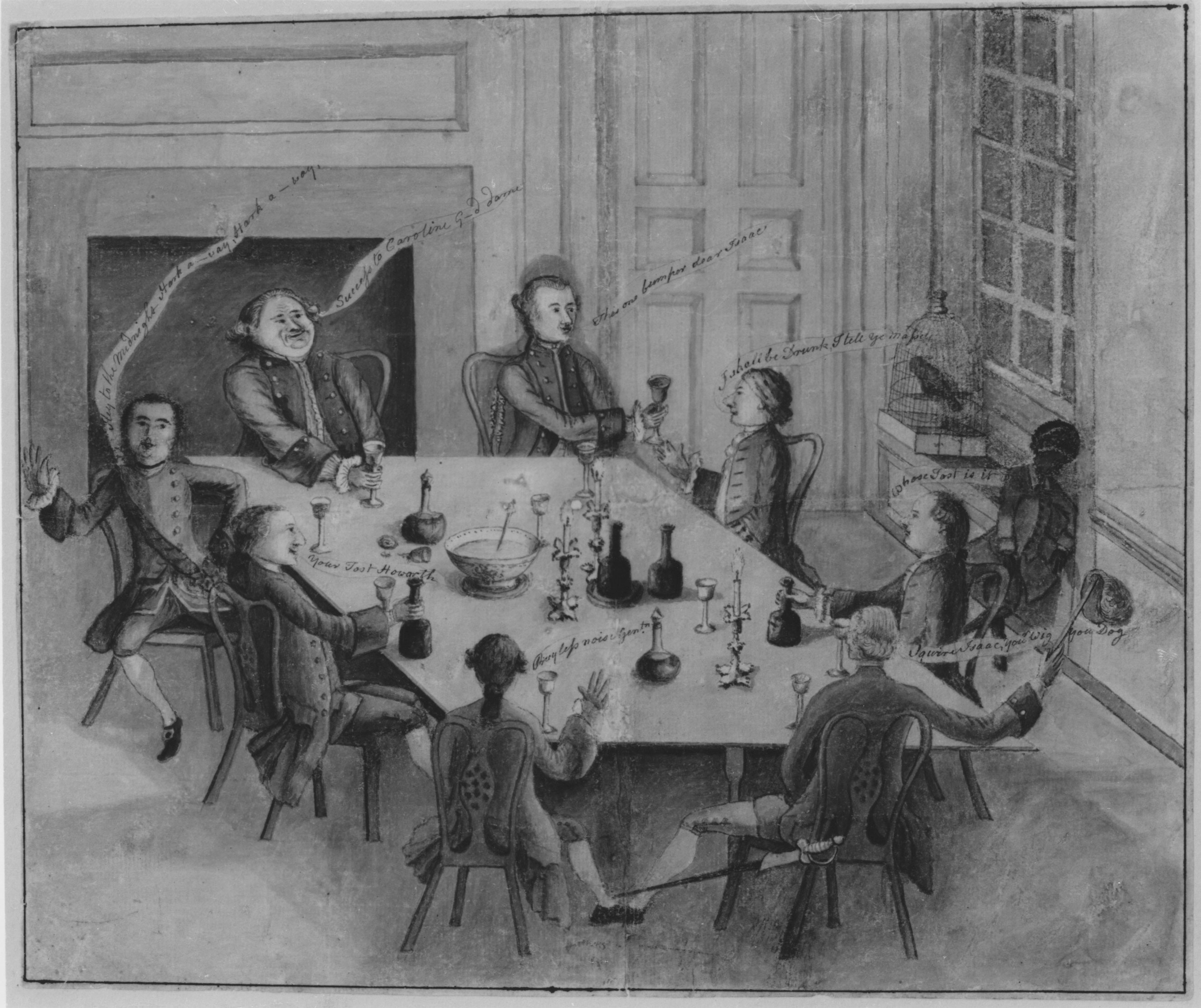 Having served supper and then after-dinner drinks, an enslaved boy dozes while members of Charleston’s merchant-planter elite carouse around the dining room table. The drawing is set in the home of Peter Manigault (seated at the left center), scion of one of the wealthiest families in colonial Carolina.