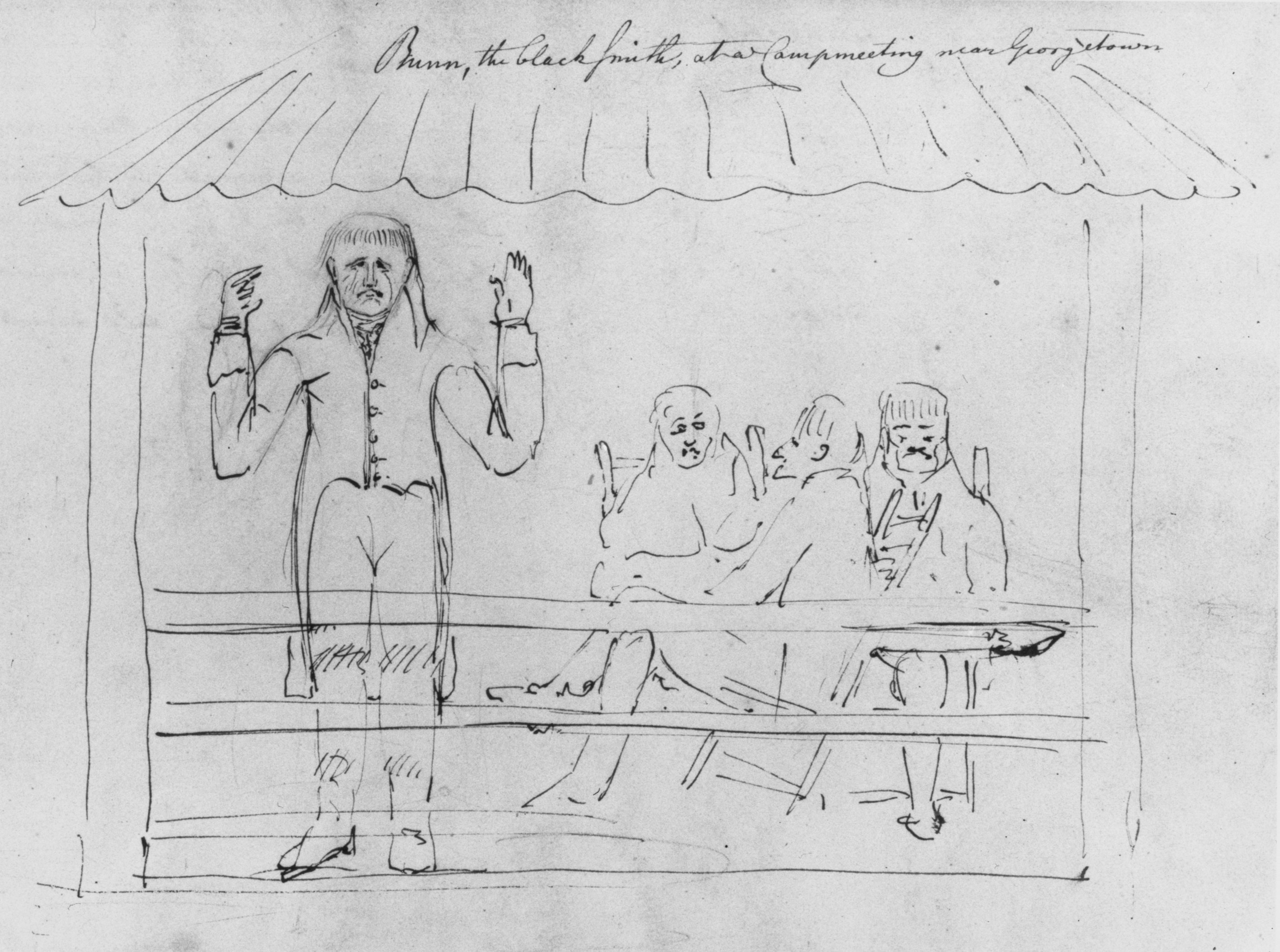 In 1809, Benjamin Henry Latrobe attended a Virginia Methodist revival meeting, at which he sketched the effective performance of a self-educated, artisan preacher. “A general groaning was going on,” Latrobe wrote in his journal, “in several parts of the Camp, women were shrieking, and just under the stage there was an uncommon bustle, and cry, which I understood arose from some persons who were under conversion.”