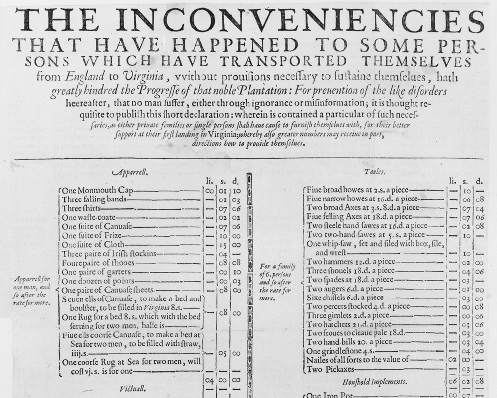 Directed to British free men and their families, this 1622 notice lists the necessities that prospective voluntary immigrants should obtain before embarking for Virginia—or risk becoming a detriment to the colony.