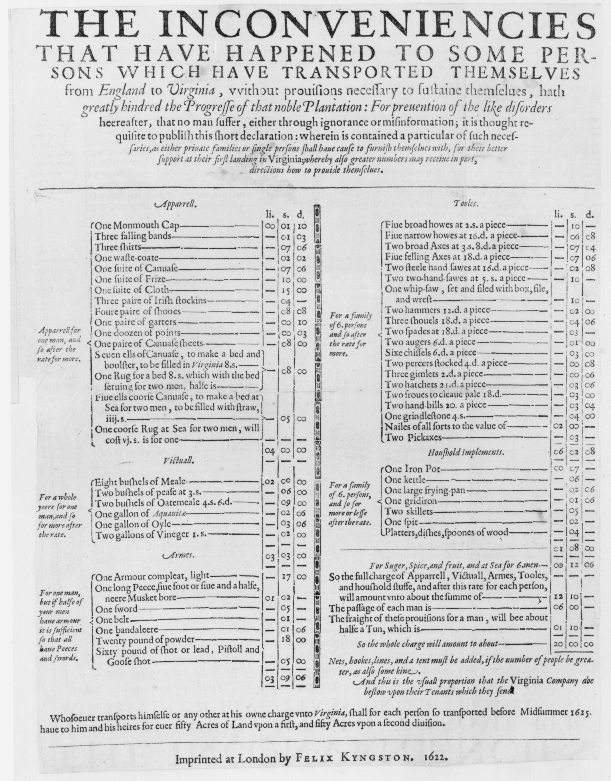 Directed to British free men and their families, this 1622 notice lists the necessities that prospective voluntary immigrants should obtain before embarking for Virginia—or risk becoming a detriment to the colony.